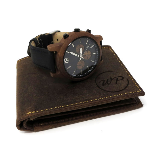Personalized Wood Watch and Leather Wallet Combo Set