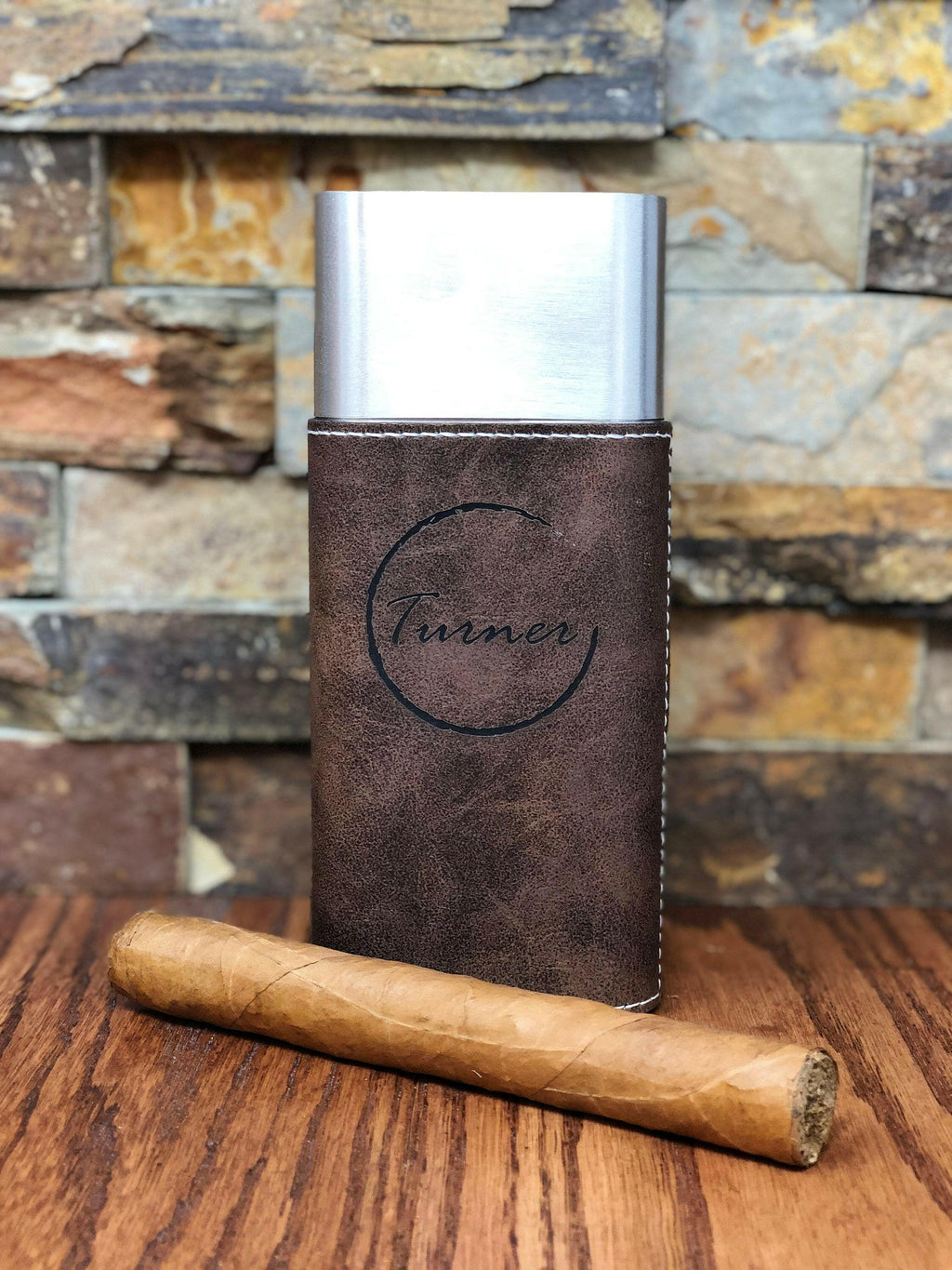 Personalized Black Stainless Steel Cigar Case with Guillotine Cutter.