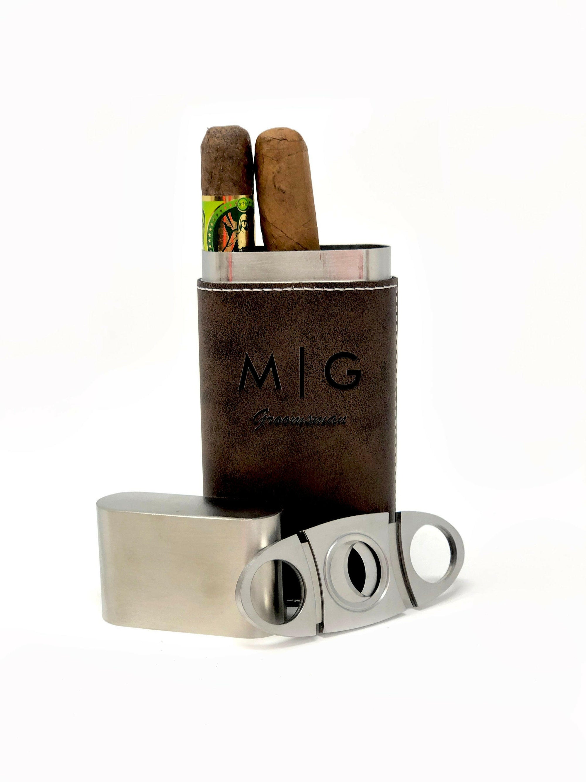 Personalized Stainless Steel Cigar Case with Guillotine Cutter.