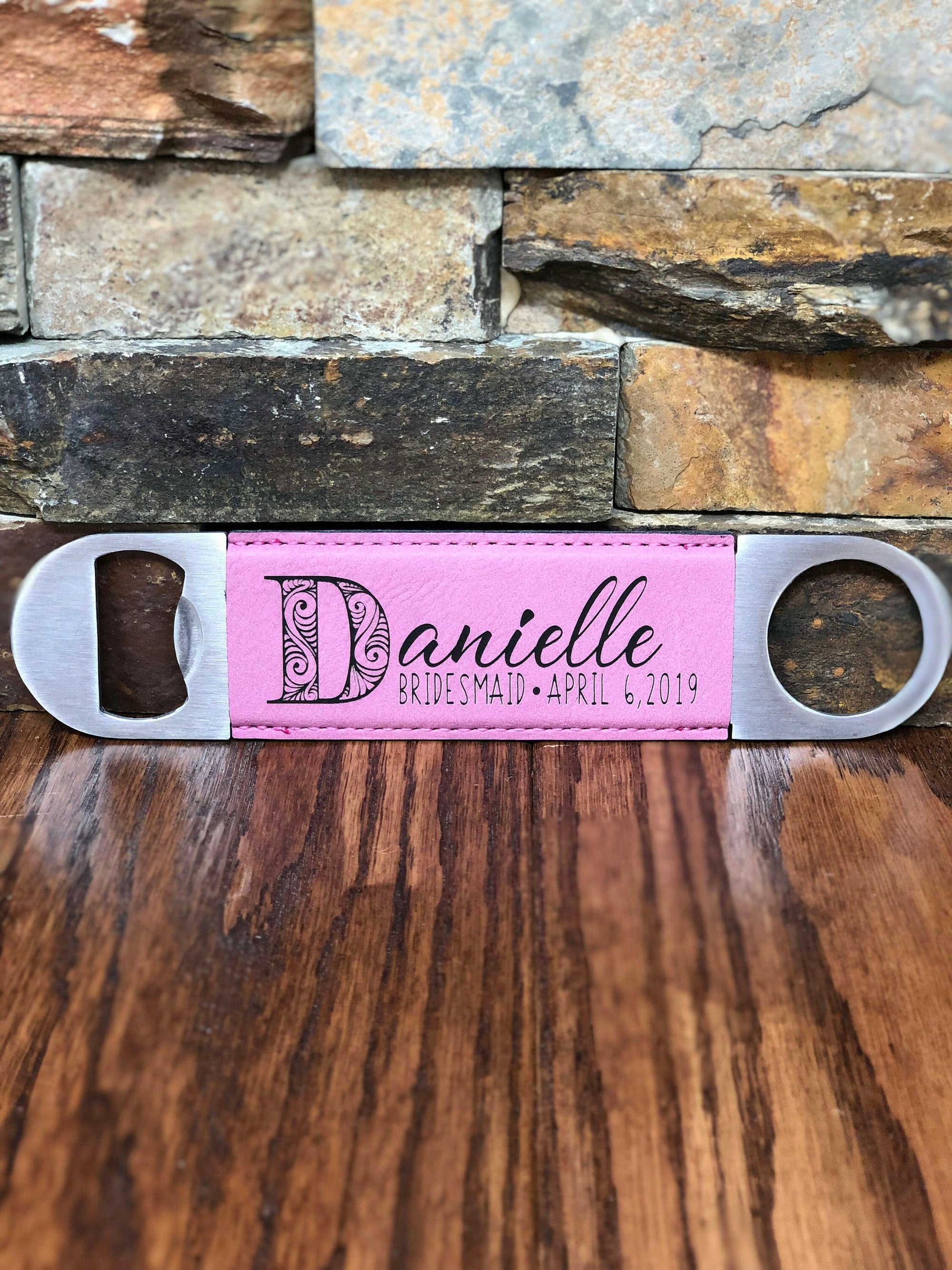 Pink Custom Engraved Bridesmaid Bottle Opener.