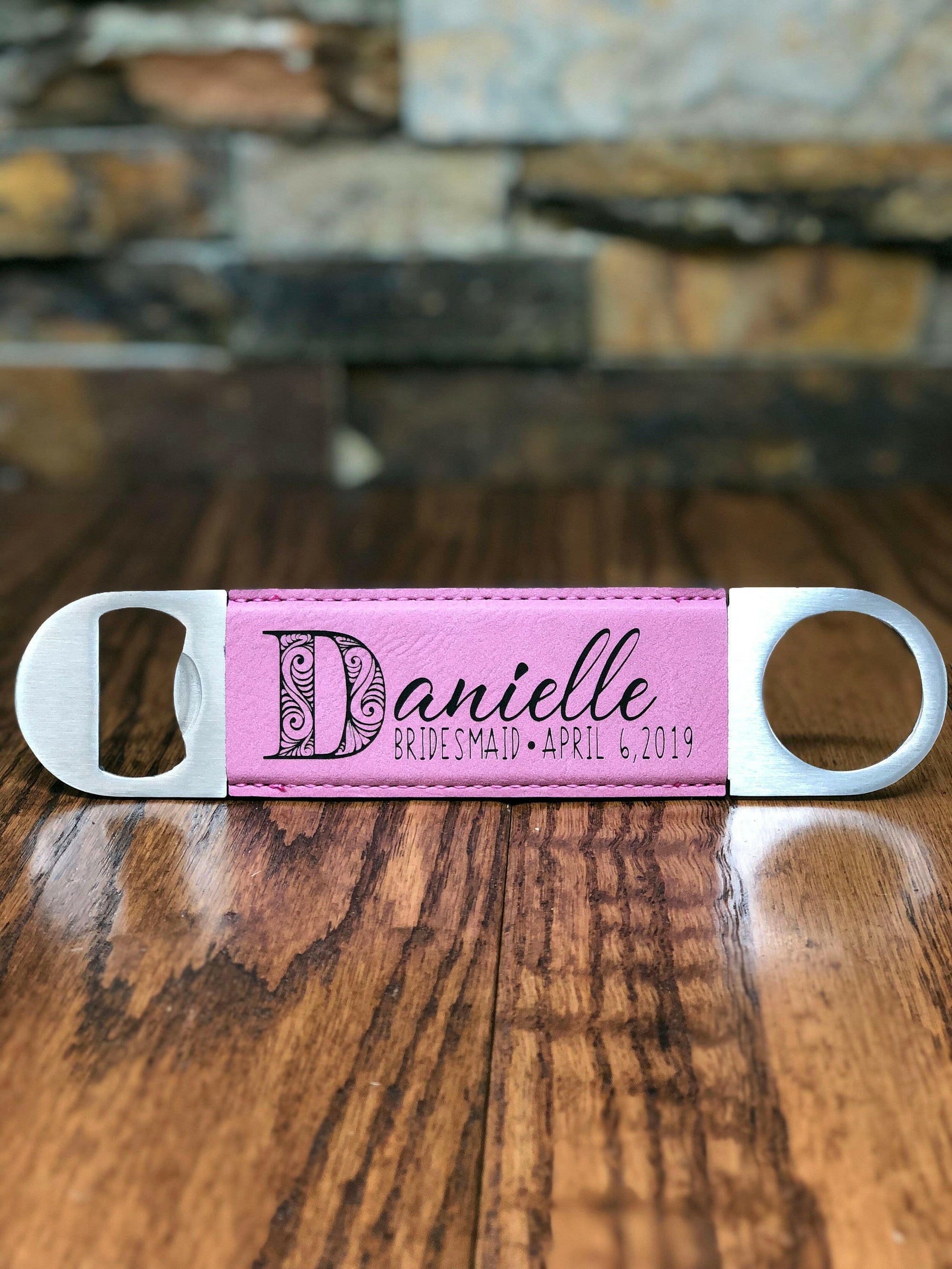 Pink Custom Engraved Bridesmaid Bottle Opener.