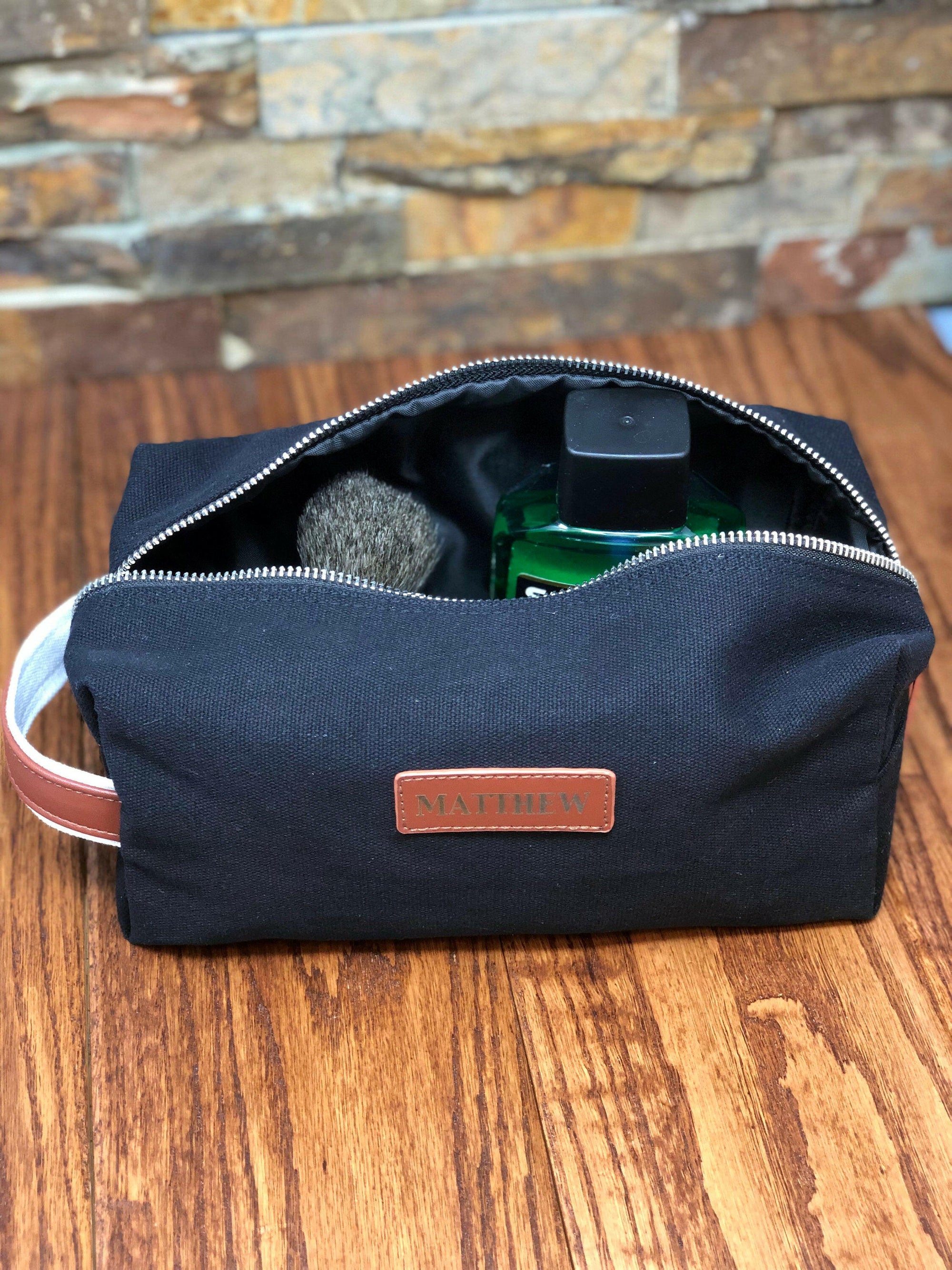 Personalized Black Canvas Dopp Kit.