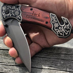 Handsome Scroll work Personalized Pocket Knife with Wood Handle.