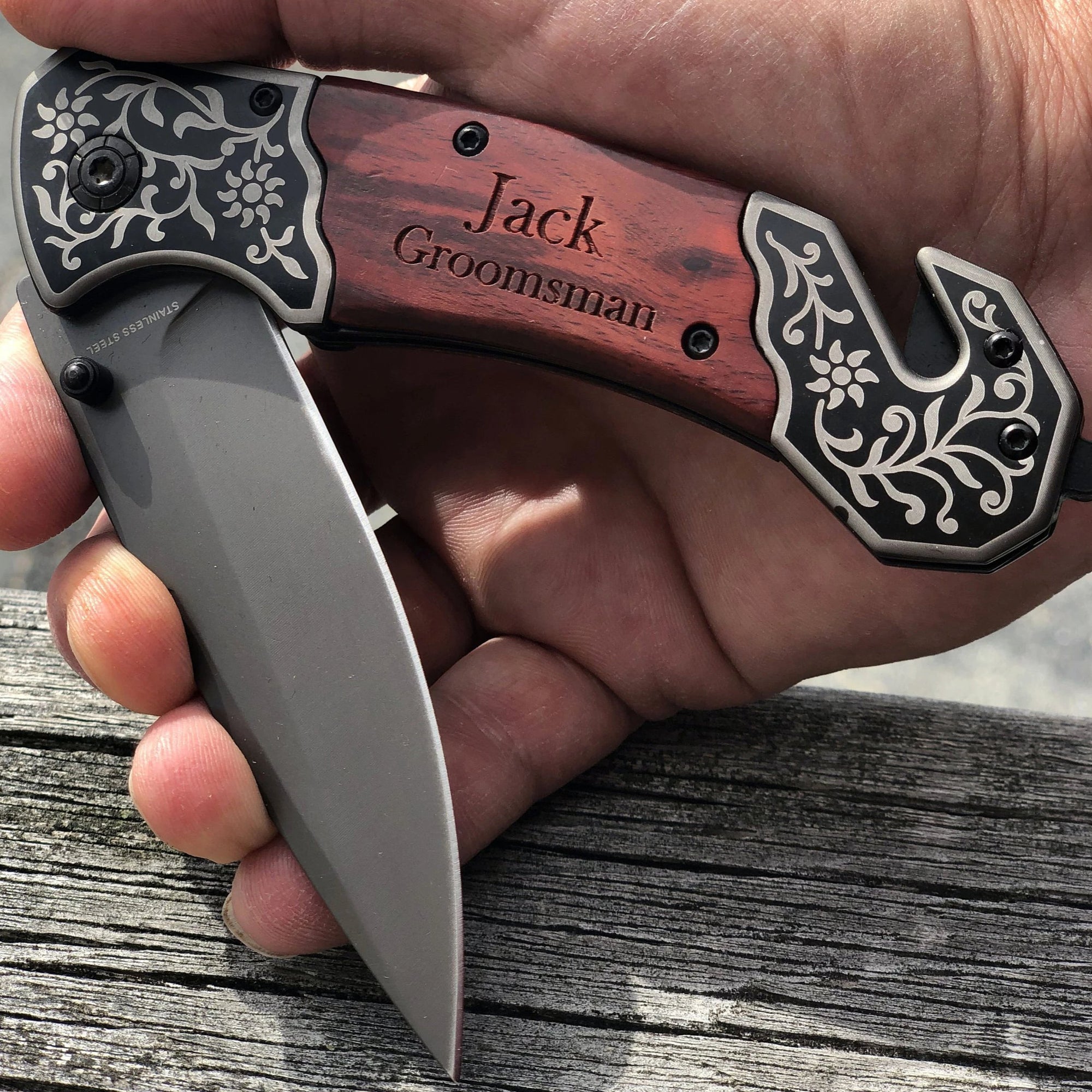 Handsome Scroll work Personalized Pocket Knife with Wood Handle.