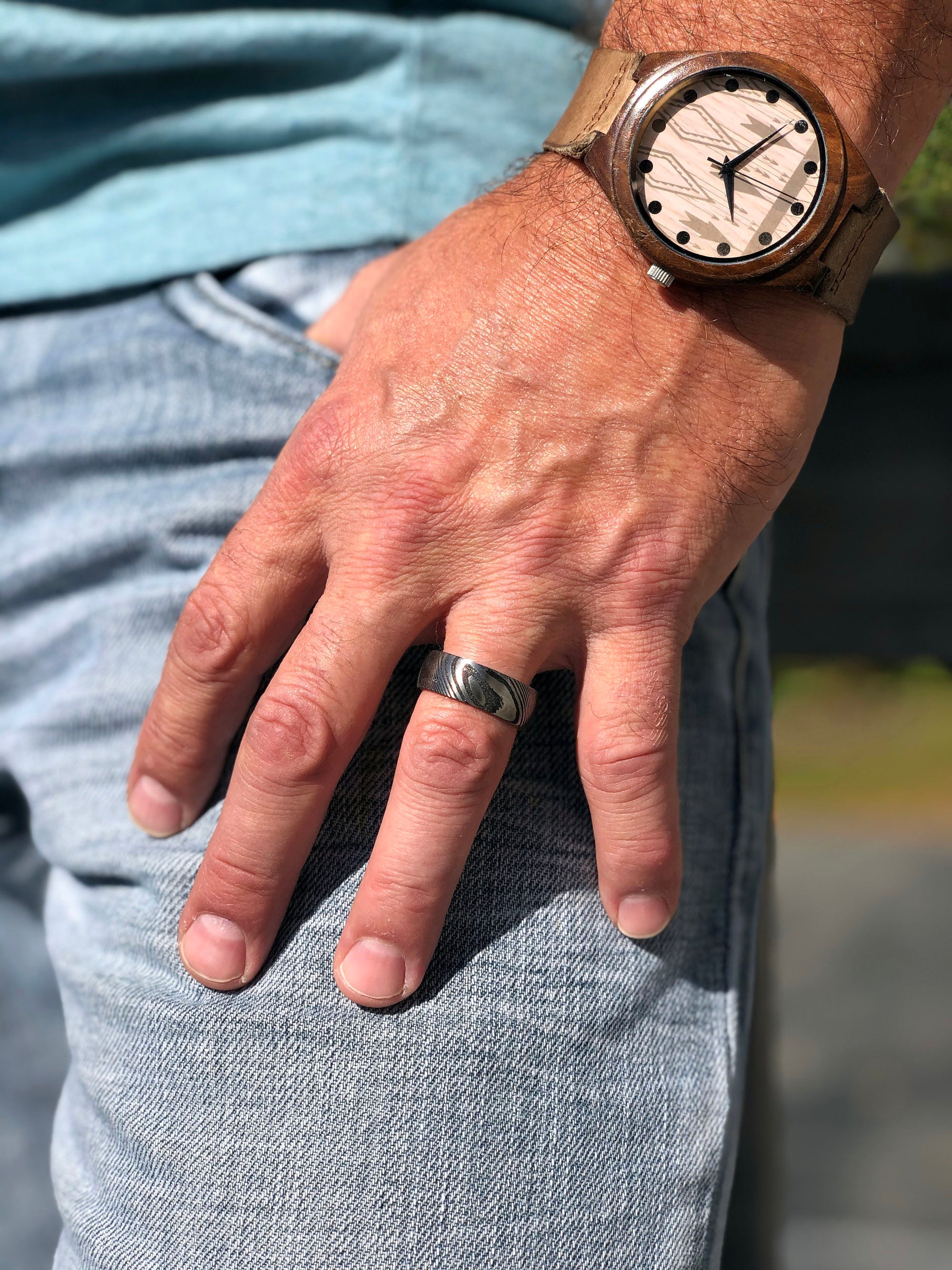 Damascus Steel and White Oak Barrel Wood Men's Wedding Ring with Comfort Fit
