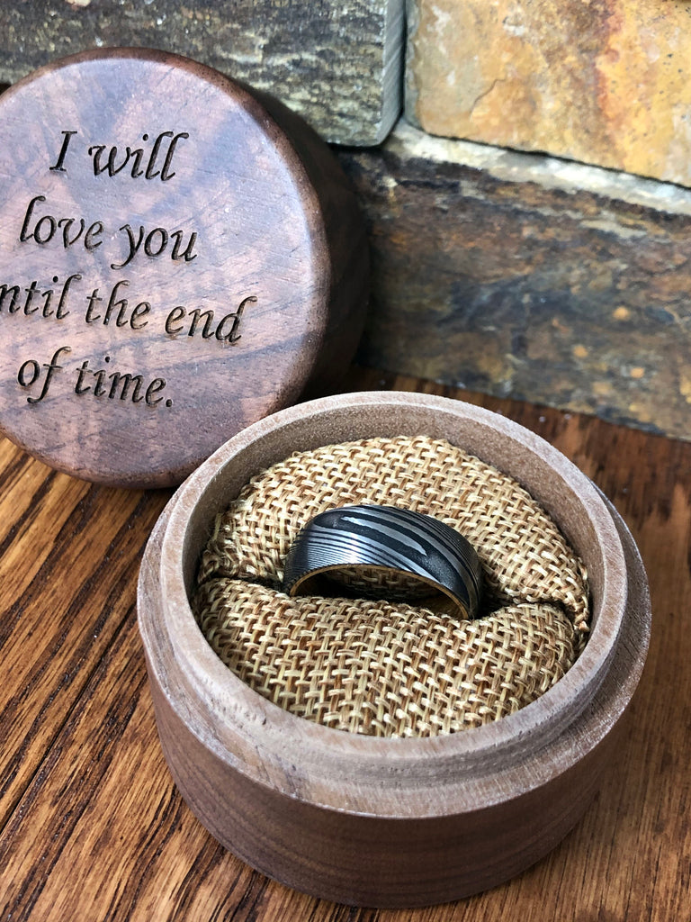 Damascus Steel and White Oak Barrel Wood Men's Wedding Ring with Comfort Fit