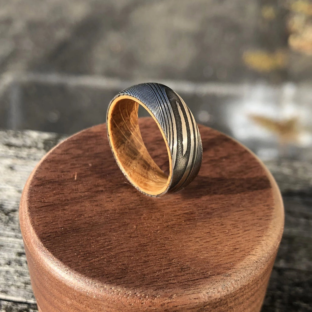 Damascus Steel and White Oak Barrel Wood Men's Wedding Ring with Comfort Fit