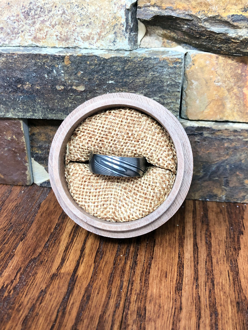 Damascus Steel and White Oak Barrel Wood Men's Wedding Ring with Comfort Fit