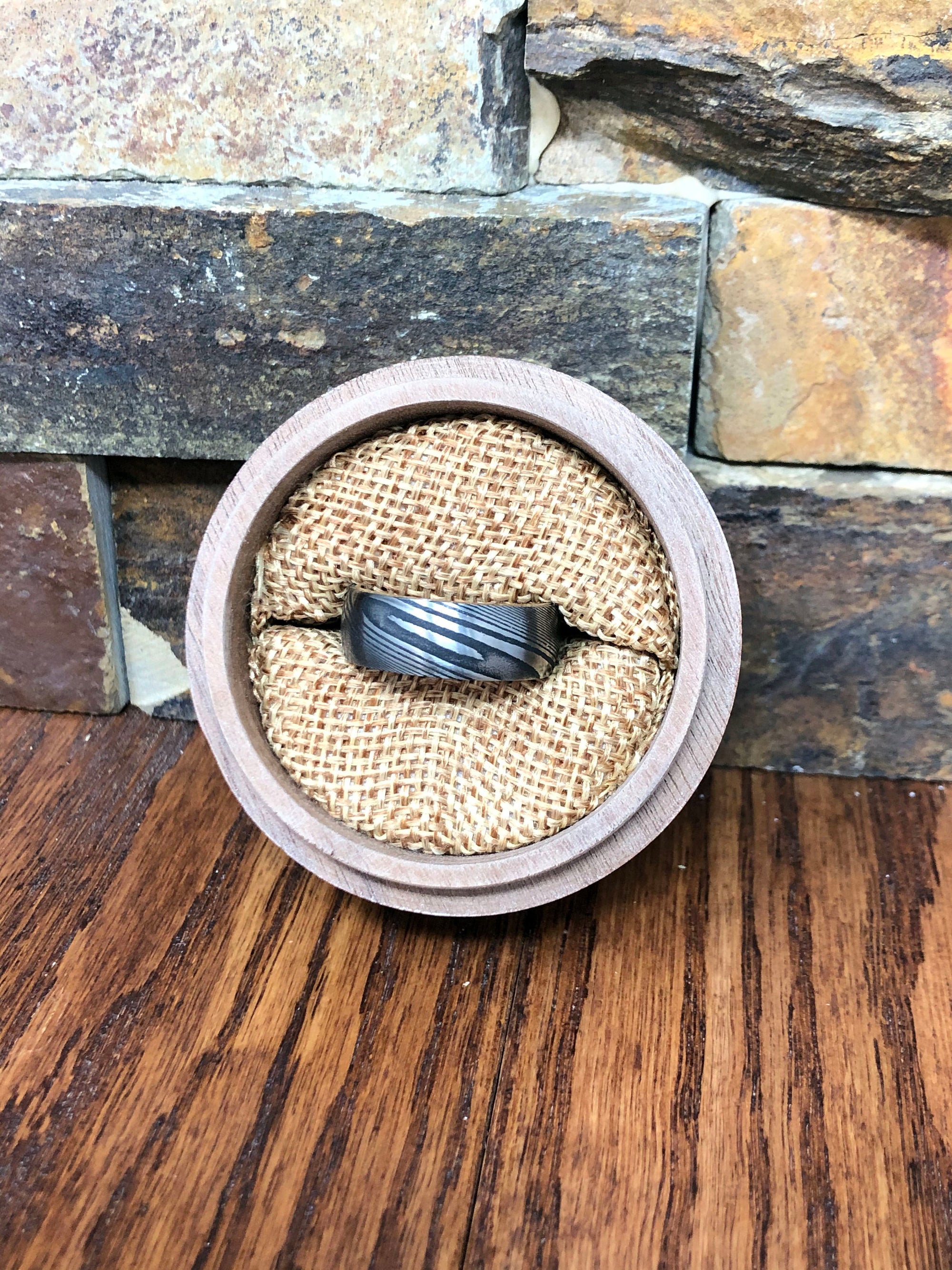 Damascus Steel and White Oak Barrel Wood Men's Wedding Ring with Comfort Fit