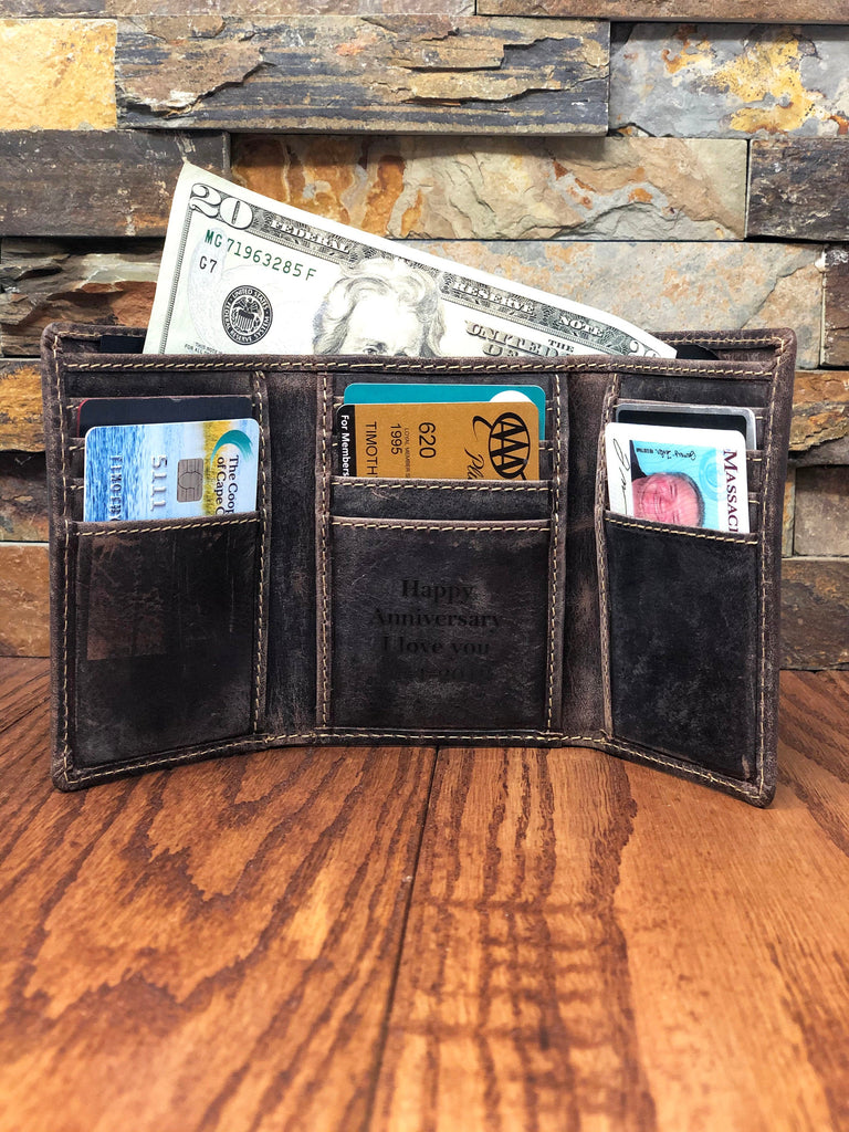 Rustic Tri Fold Mens Leather Wallet Monogrammed