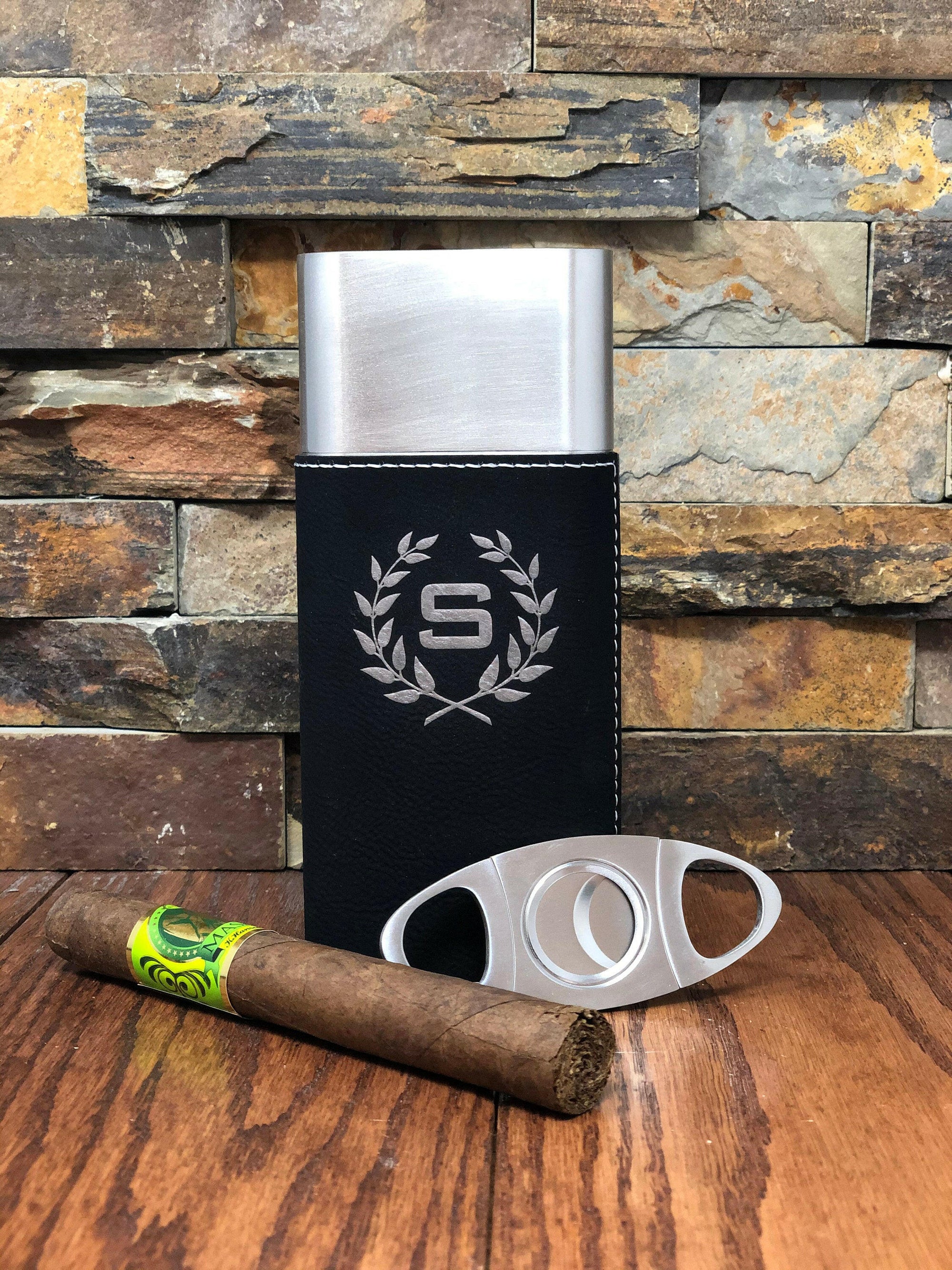 Personalized Stainless Steel Cigar Case with Guillotine Cutter.