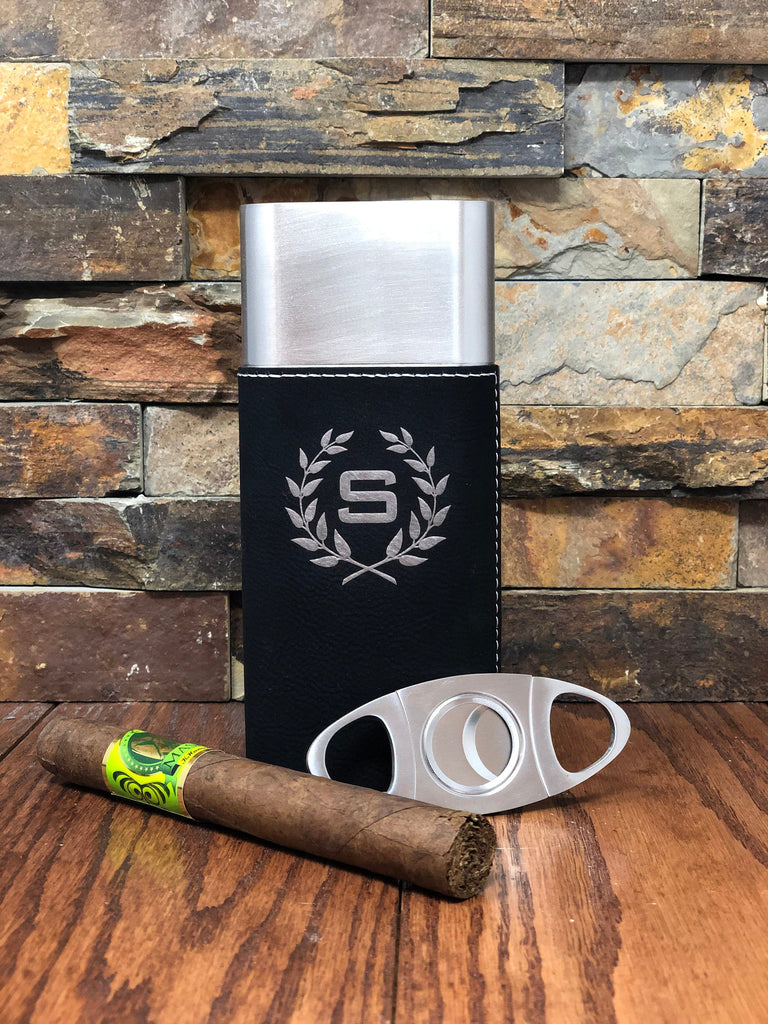 Personalized Black Stainless Steel Cigar Case with Guillotine Cutter