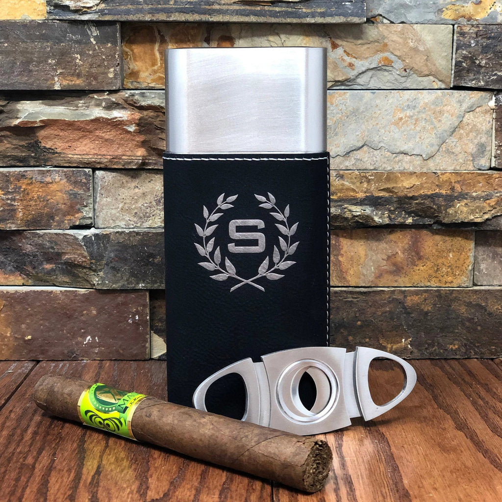 Personalized Black Stainless Steel Cigar Case with Guillotine Cutter