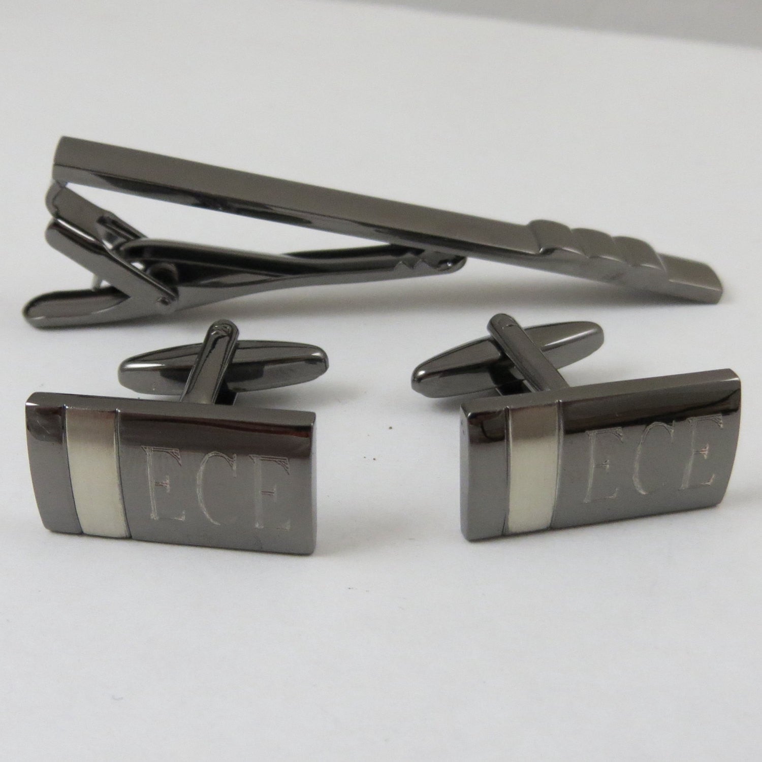 Gunmetal Cuff Links & Tie Clip Set