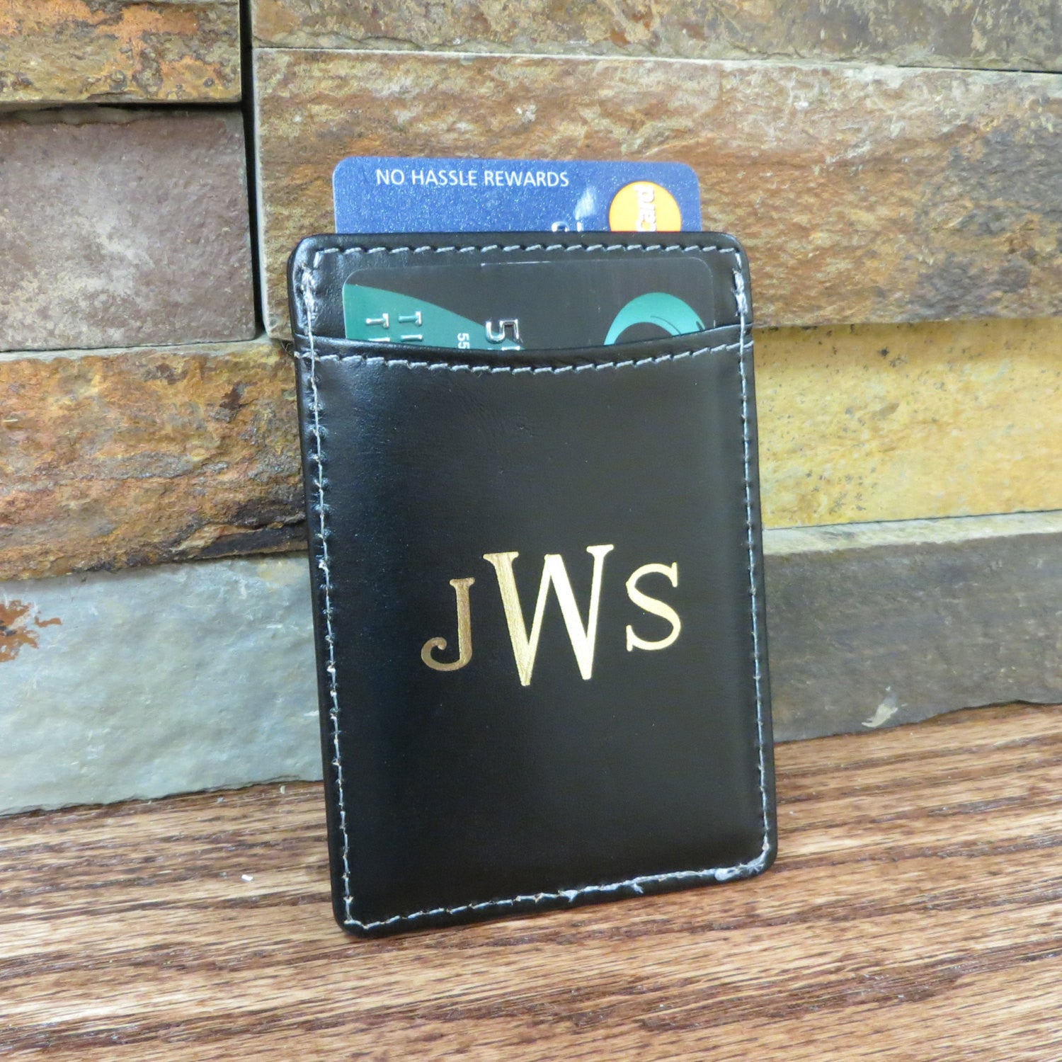 Monogrammed Leather Wallet w/ Money Clip