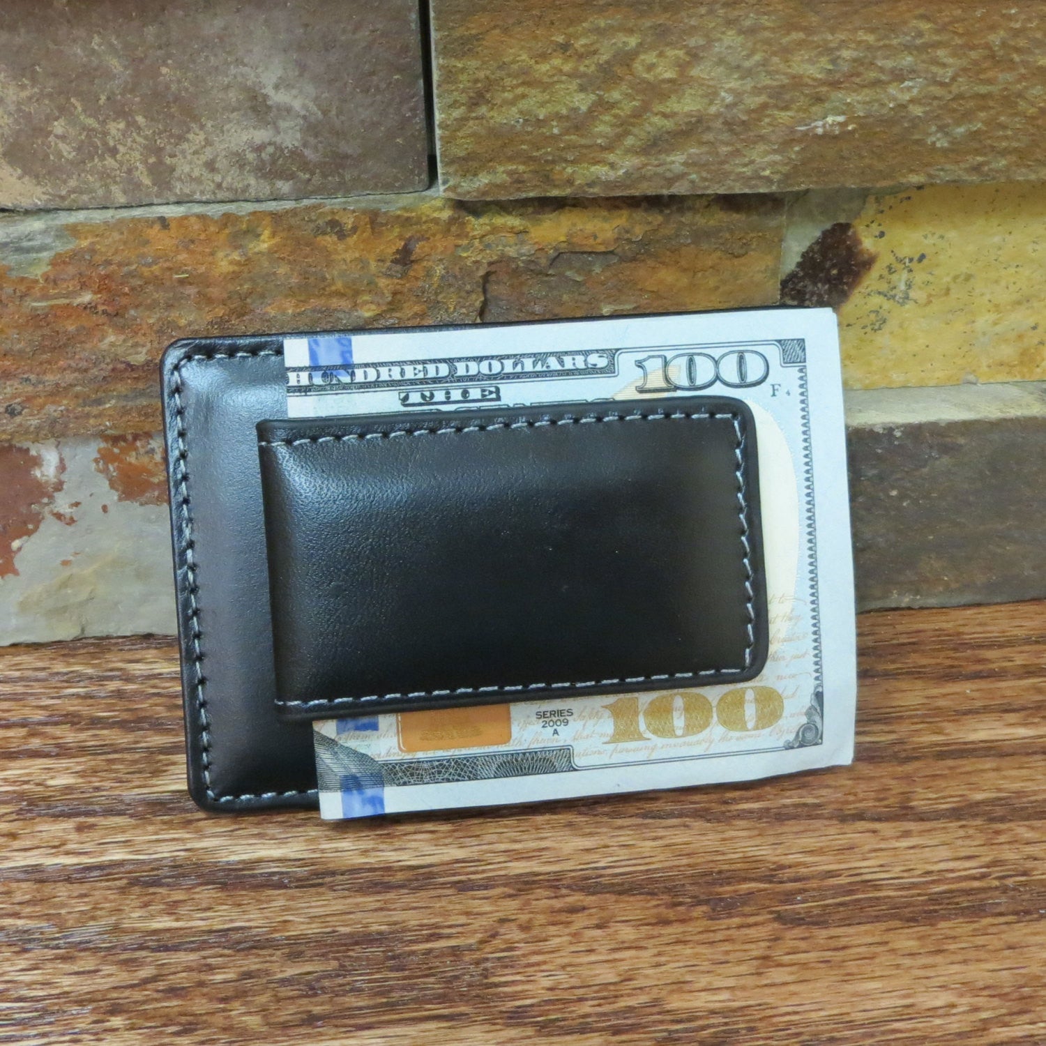 Monogrammed Leather Wallet w/ Money Clip