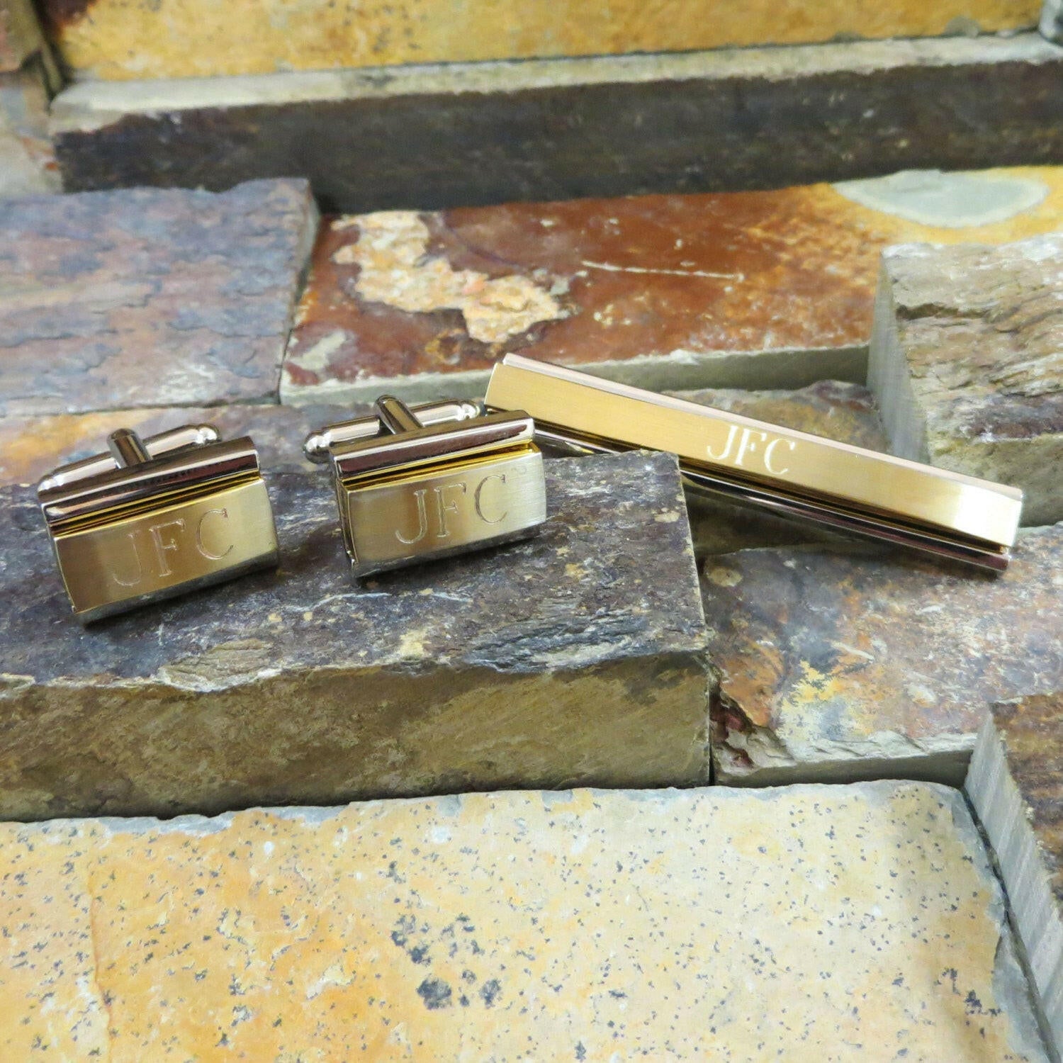 Personalized Cuff Links With Monogrammed Tie Clip.