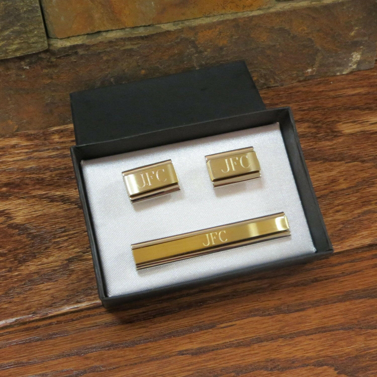 Personalized Cuff Links With Monogrammed Tie Clip.