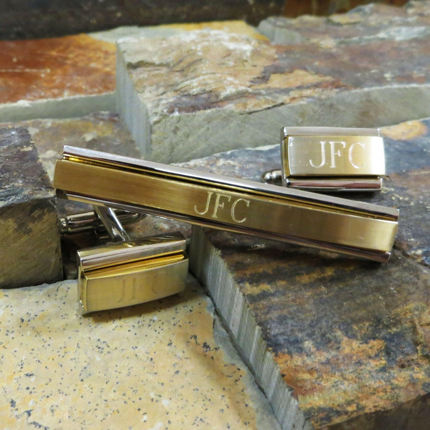 Personalized Cuff Links With Monogrammed Tie Clip.