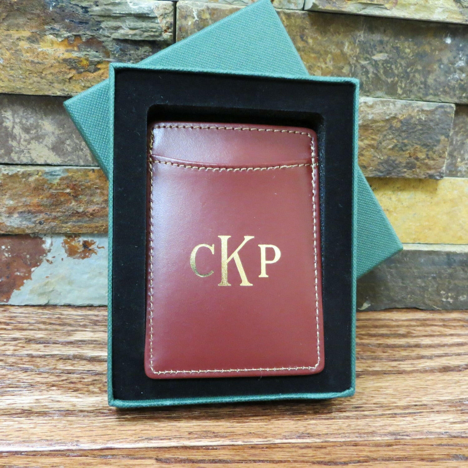 Monogrammed Leather Wallet w/ Money Clip.