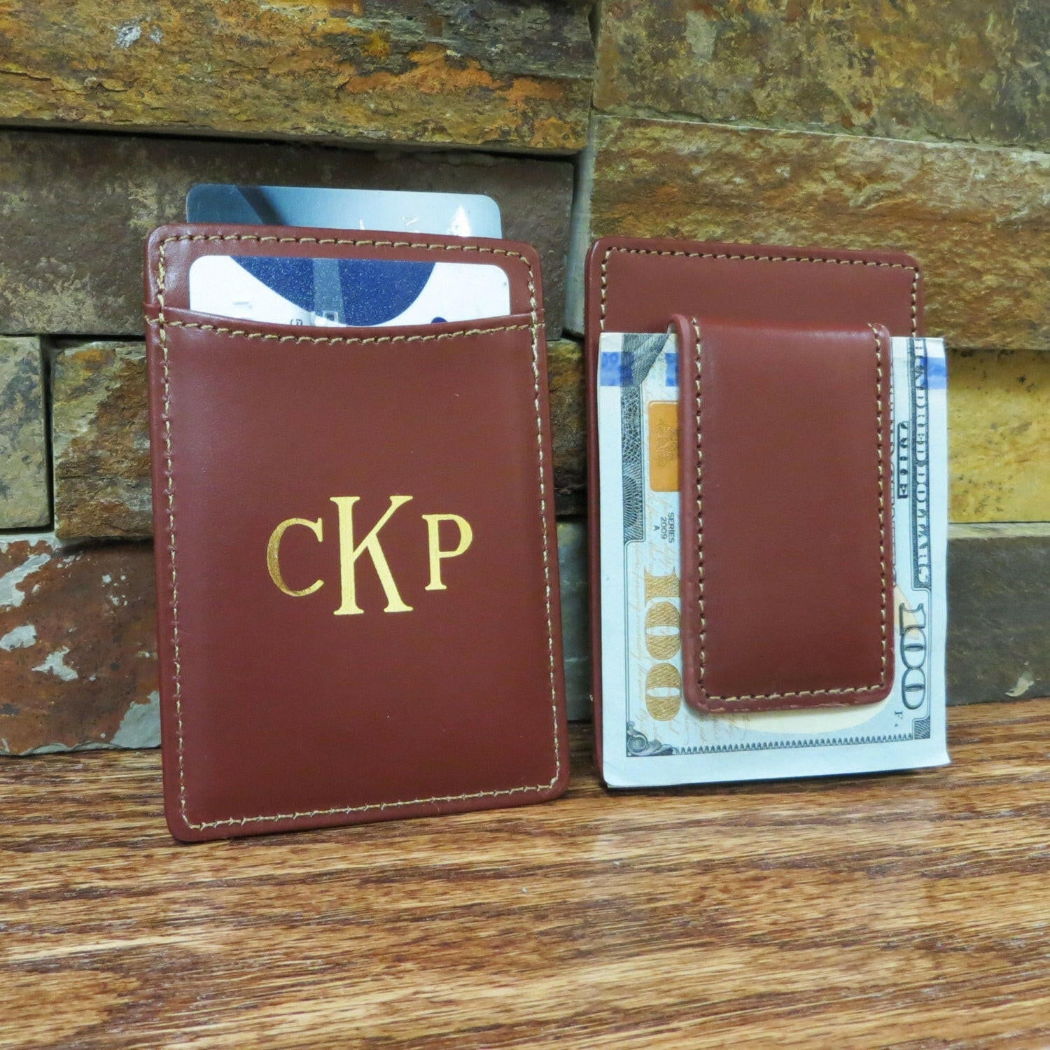 Monogrammed Leather Wallet w/ Money Clip.