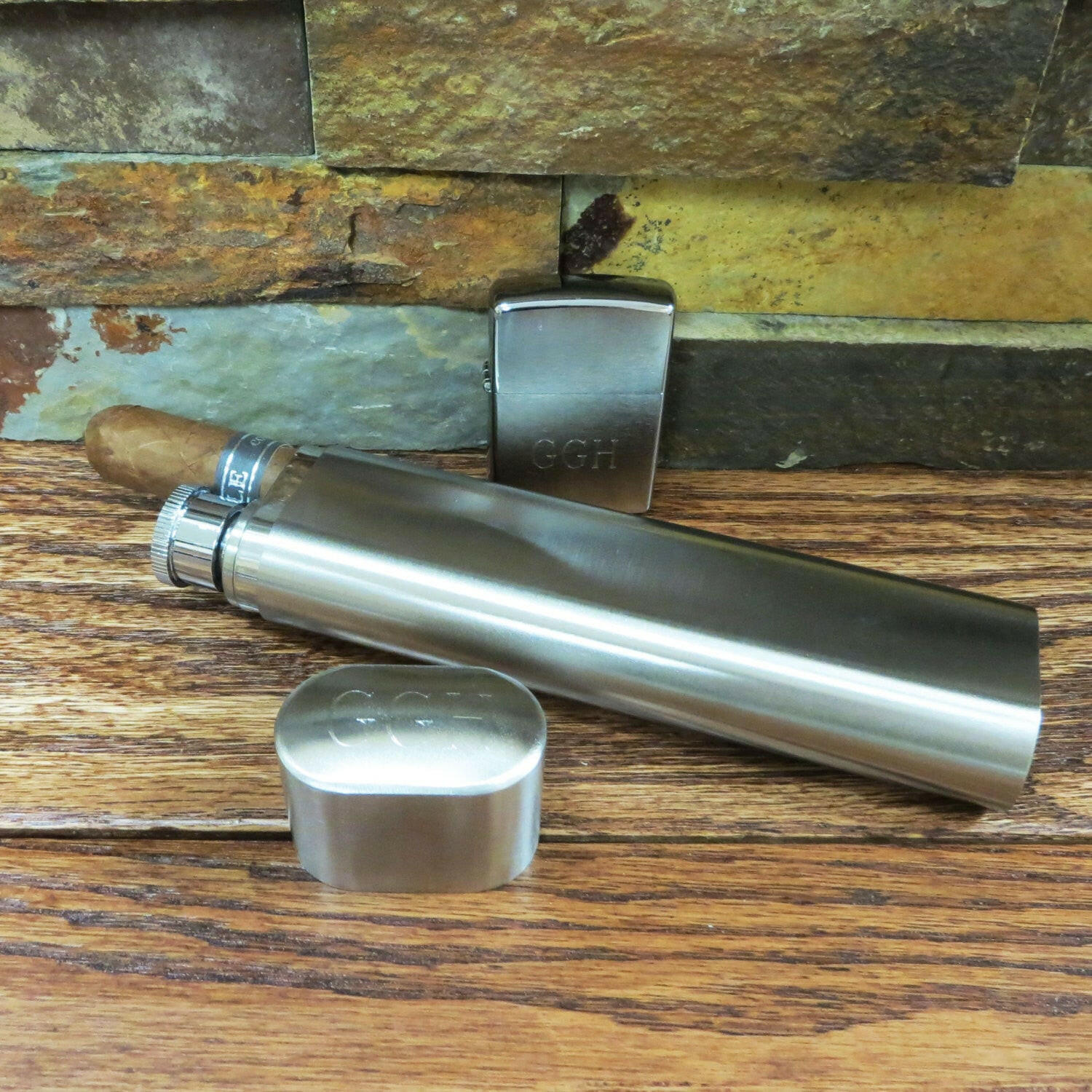 Personalized Cigar/Flask with Zippo Set.