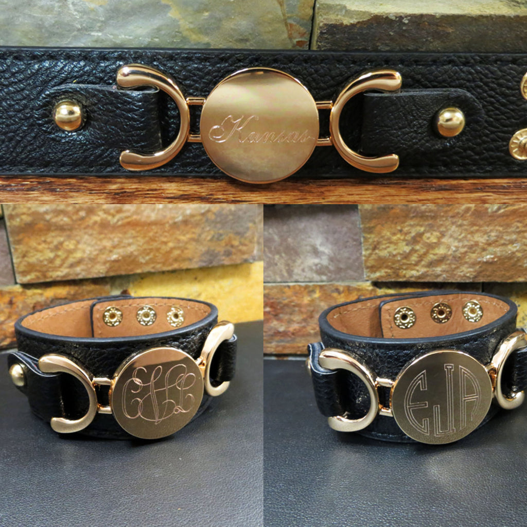 Leather Monogram Bracelet w/ Gold disc
