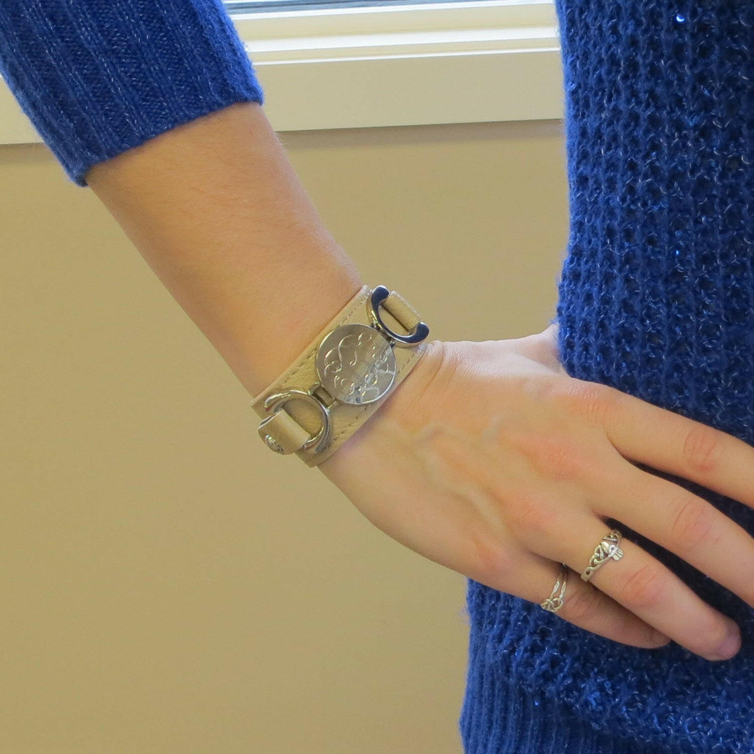 Silver Leather Personalized Bracelet.