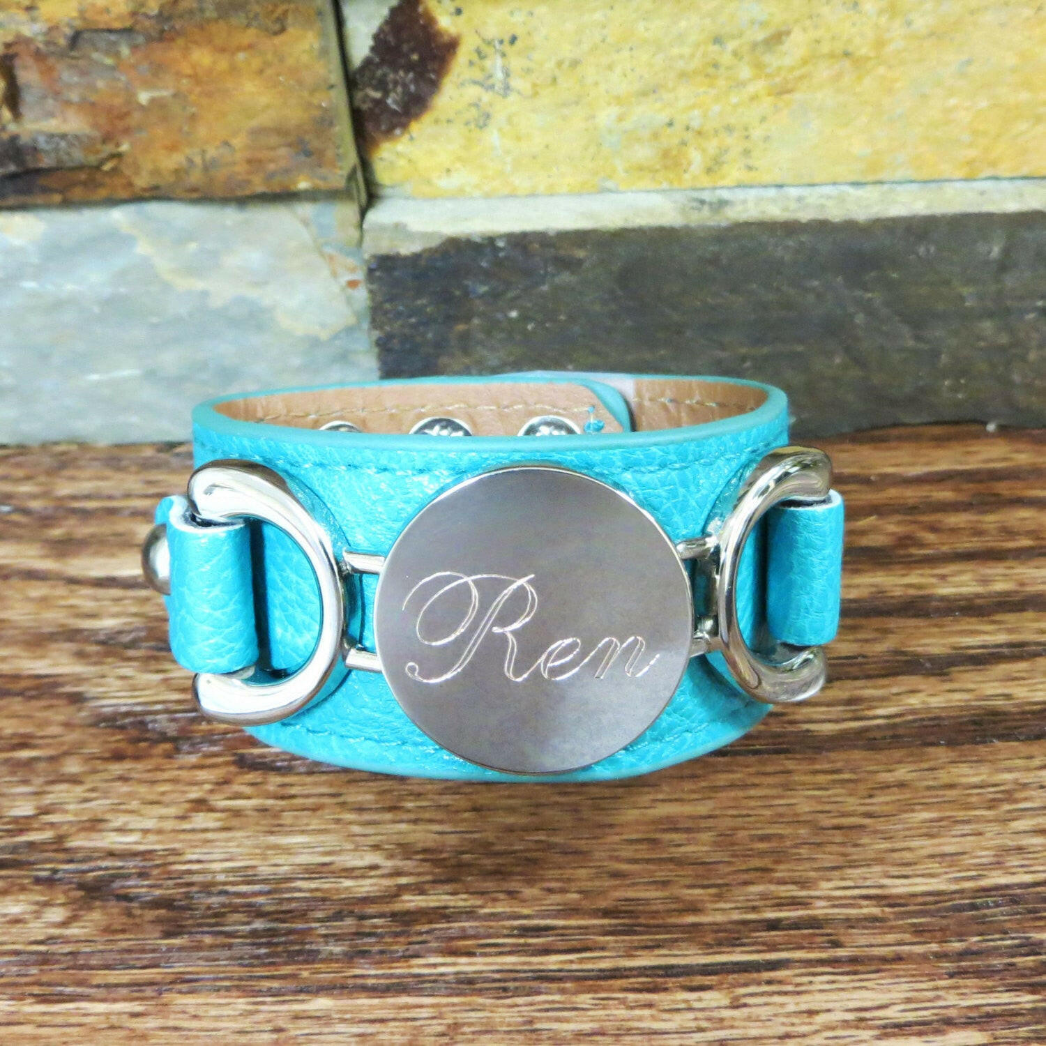 Silver Leather Personalized Bracelet Teal.