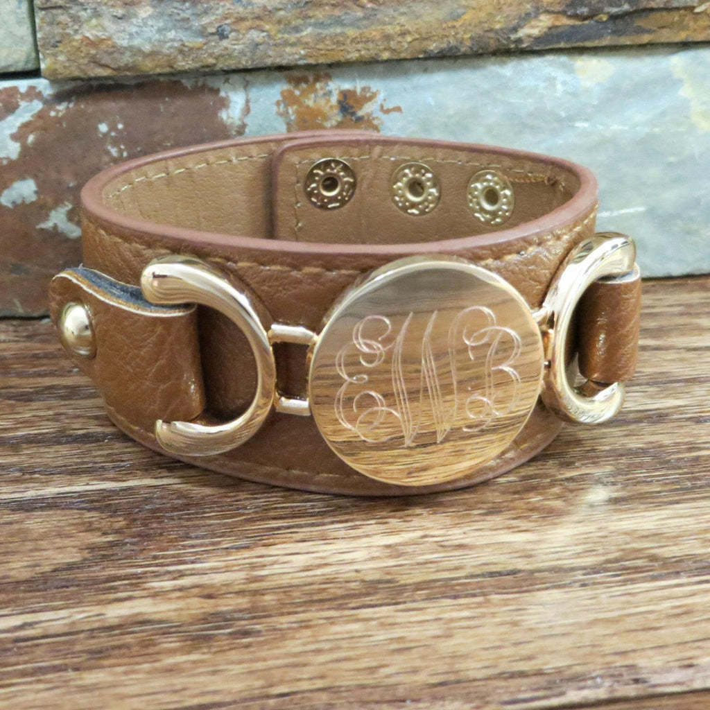 Gold Leather Monogram Bracelet.