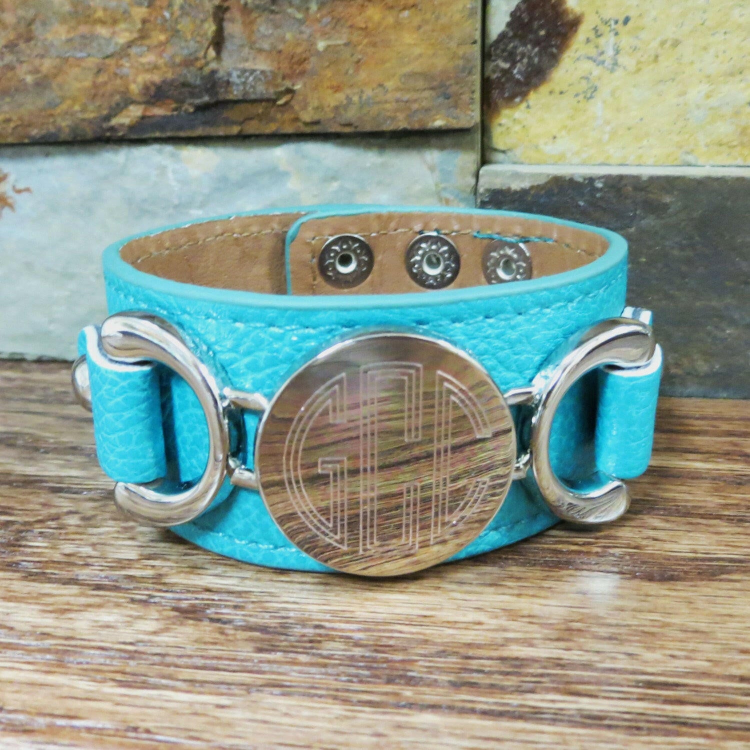Silver Leather Personalized Bracelet Teal.