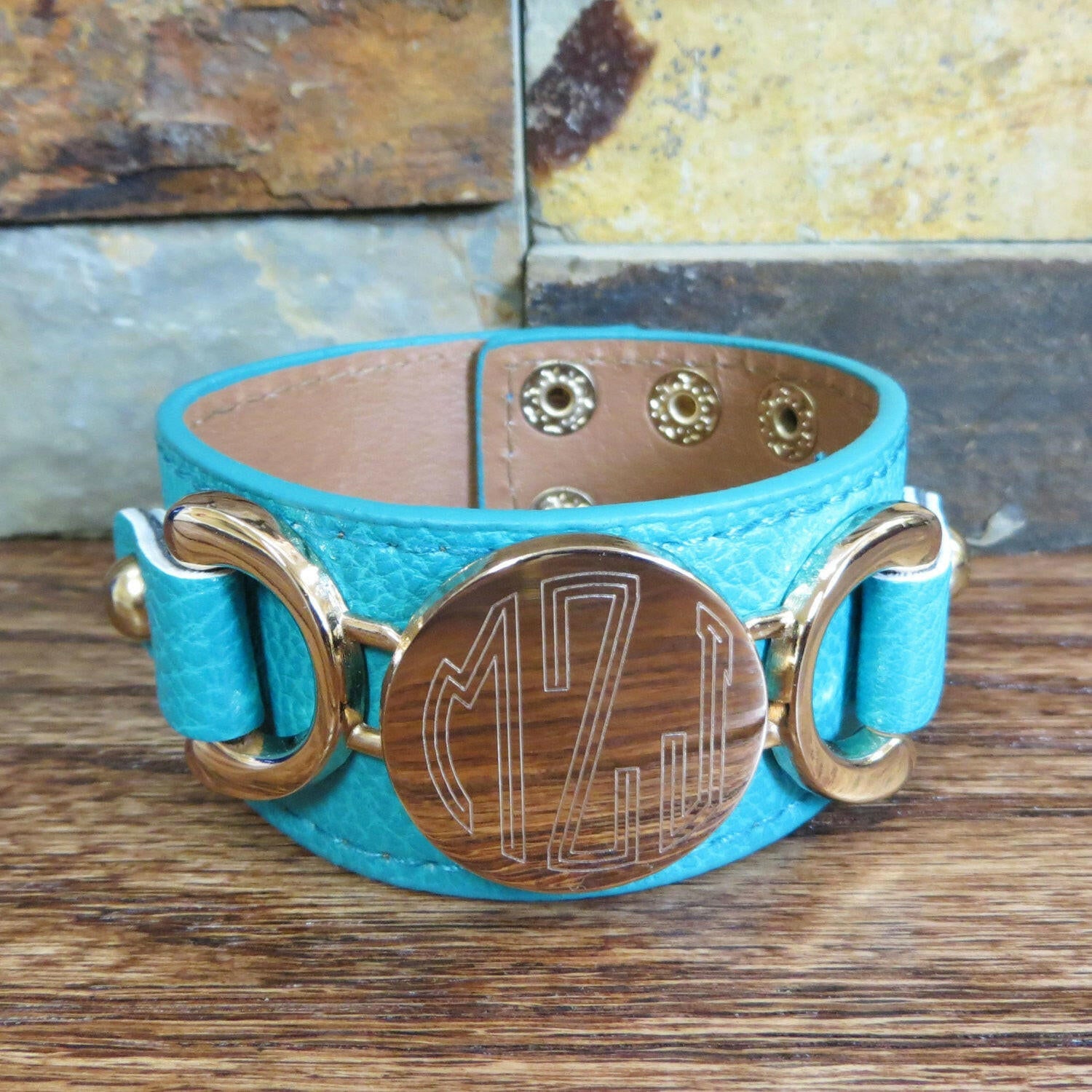 Gold Leather Monogram Bracelet.