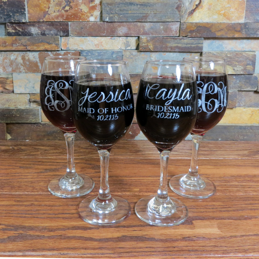 Custom Engraved Red Wine Glasses Set of 4 - Bridesmaid Gift