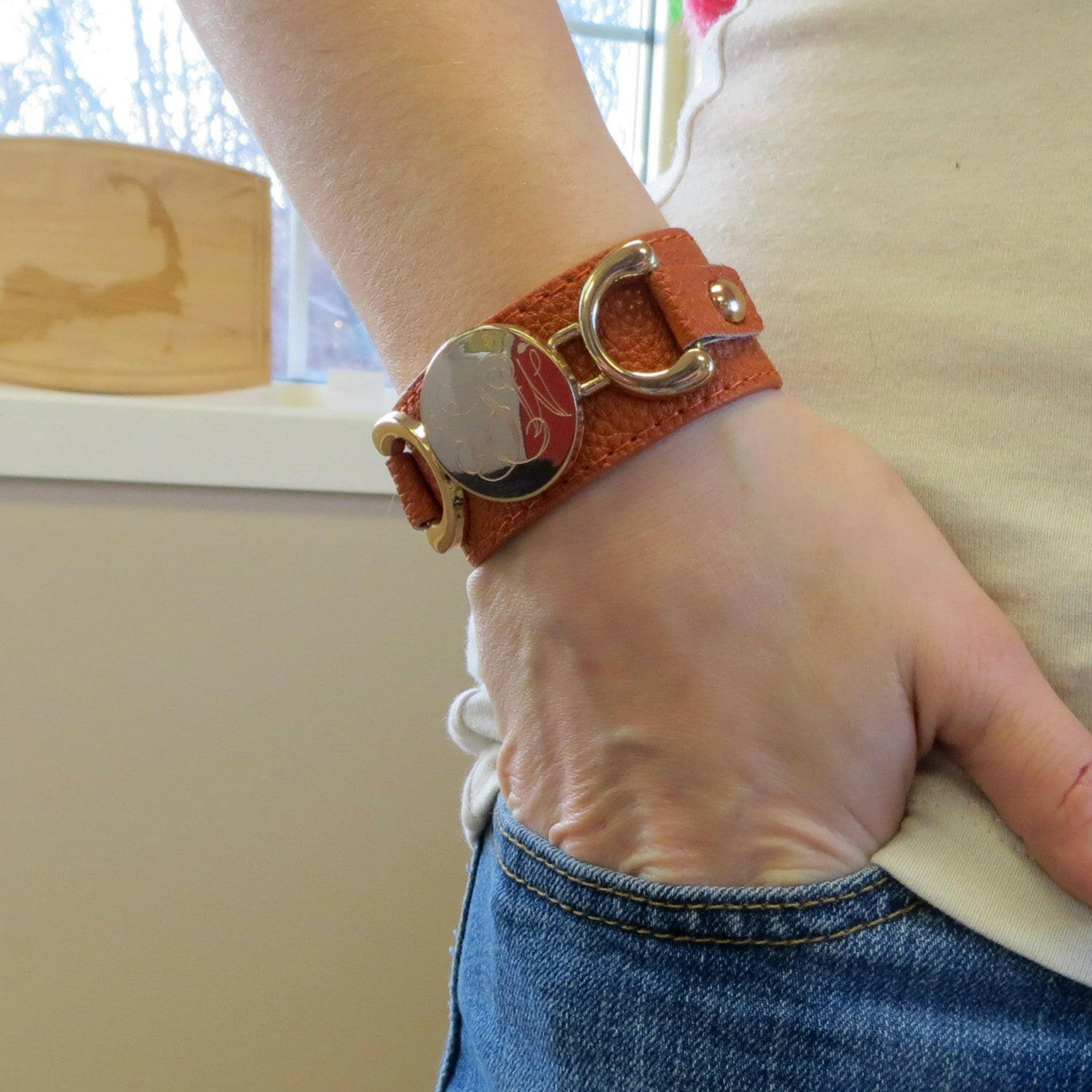 Southwest Orange Leather Monogram Bracelet w/ Gold Disc.