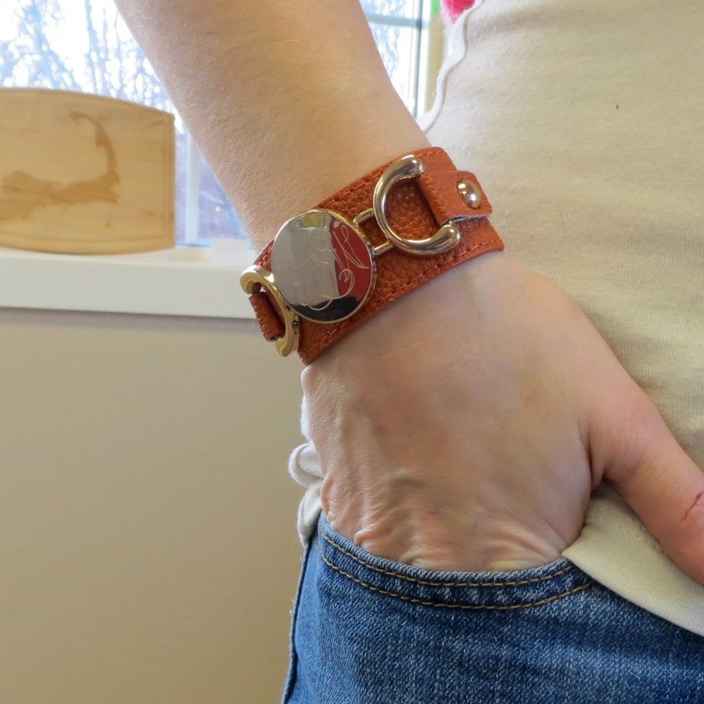 Southwest Orange Leather Monogram Bracelet w/ Gold Disc