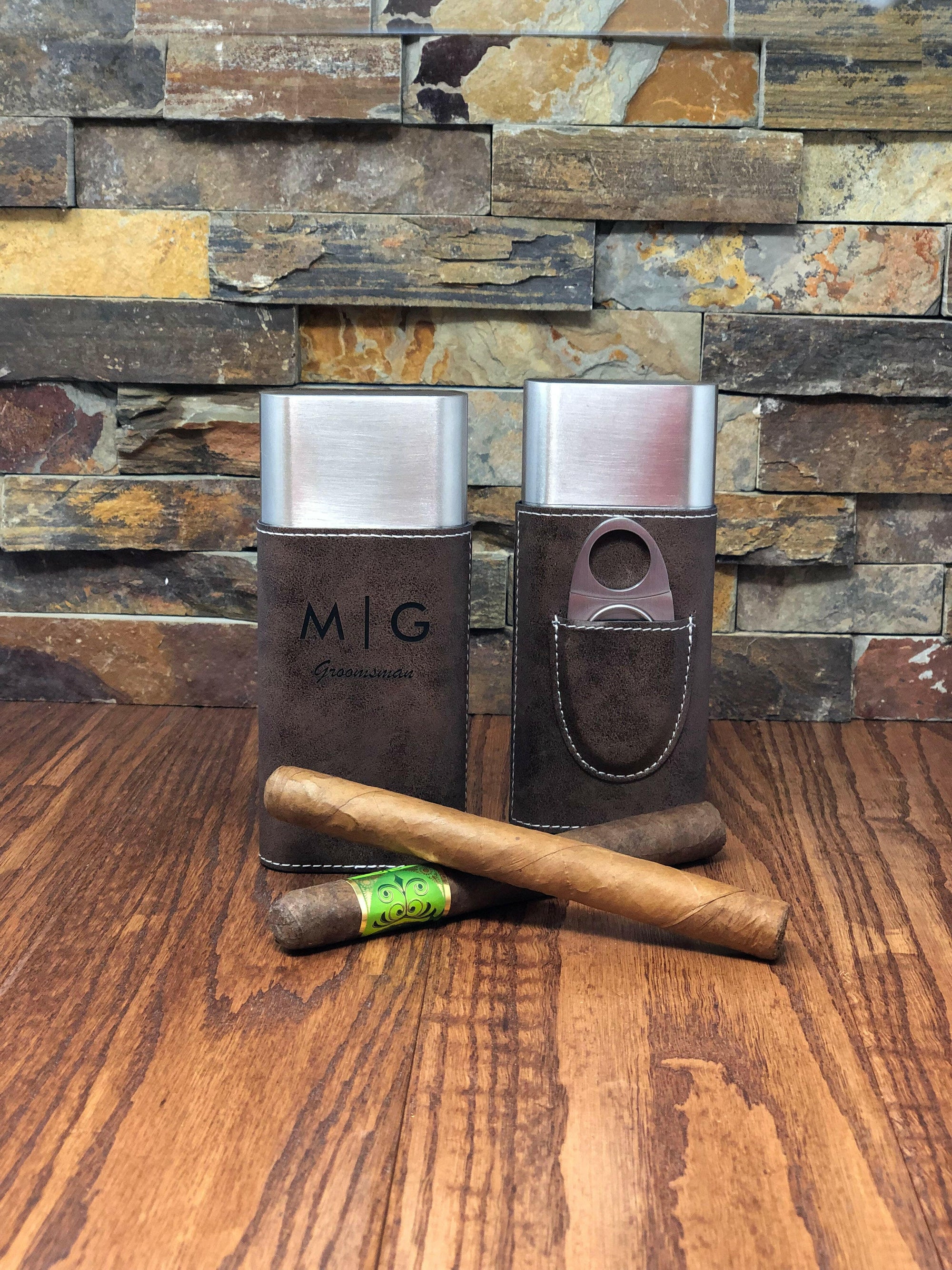 Personalized Stainless Steel Cigar Case with Guillotine Cutter.