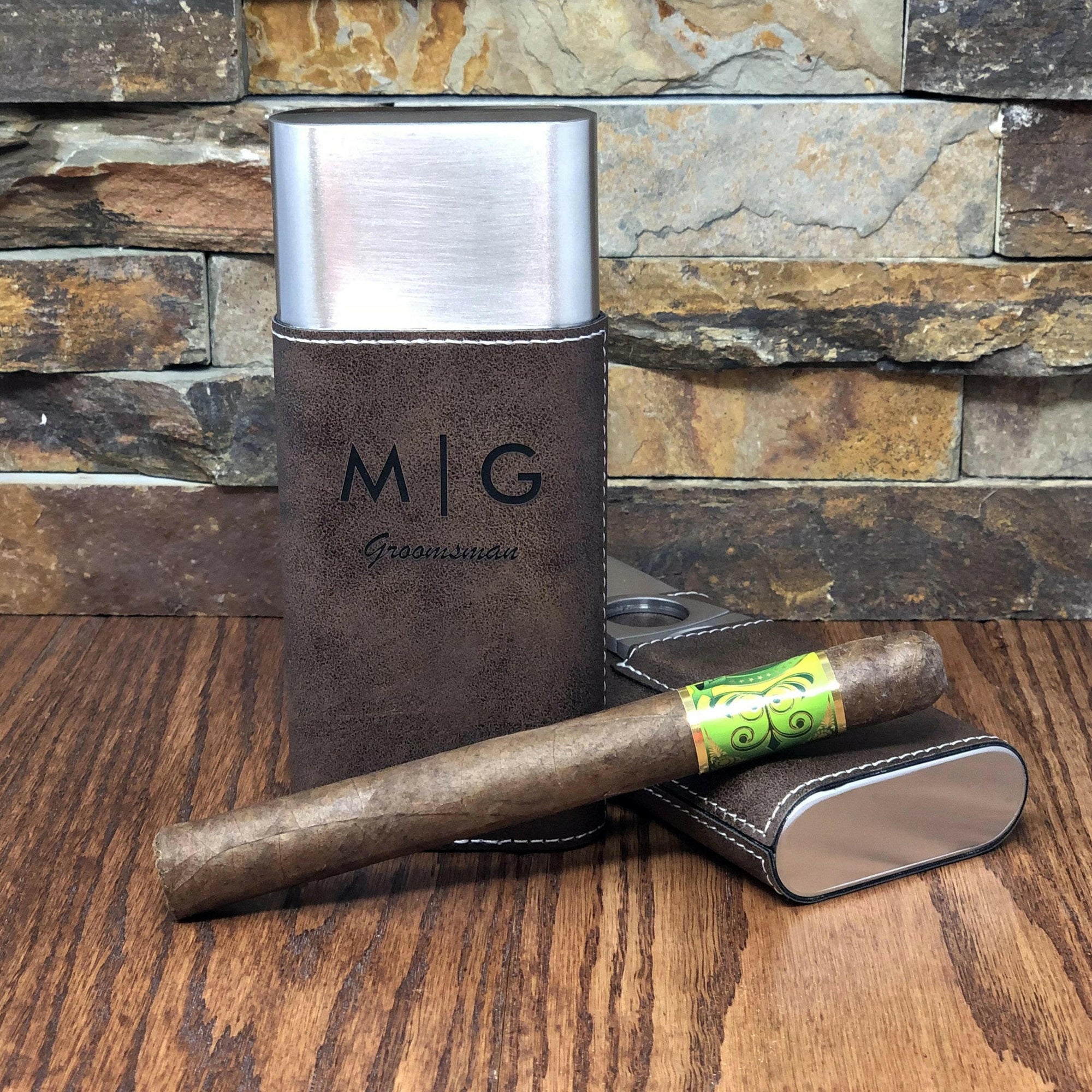 Personalized Stainless Steel Cigar Case with Guillotine Cutter.