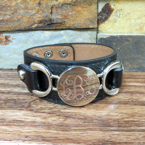 Personalized Leather Bracelet w Silver disc