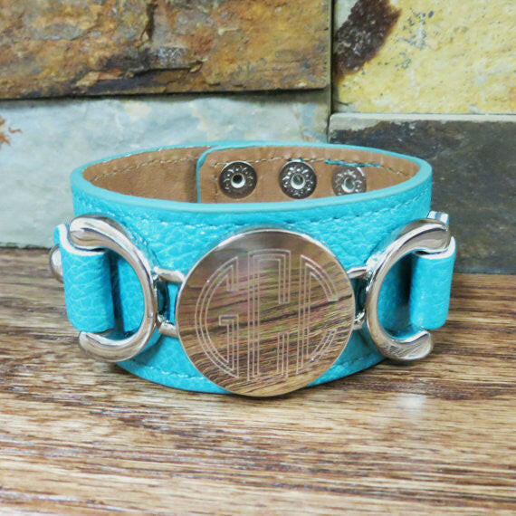 Personalized Leather Bracelet w Silver disc.