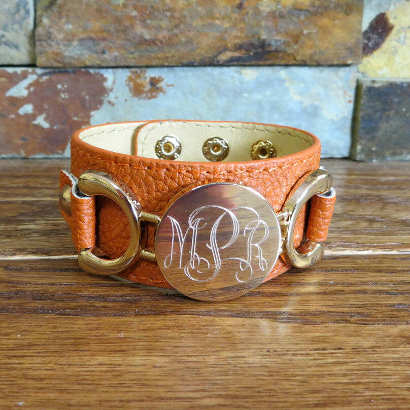 Southwest Orange Leather Monogram Bracelet w/ Gold Disc.
