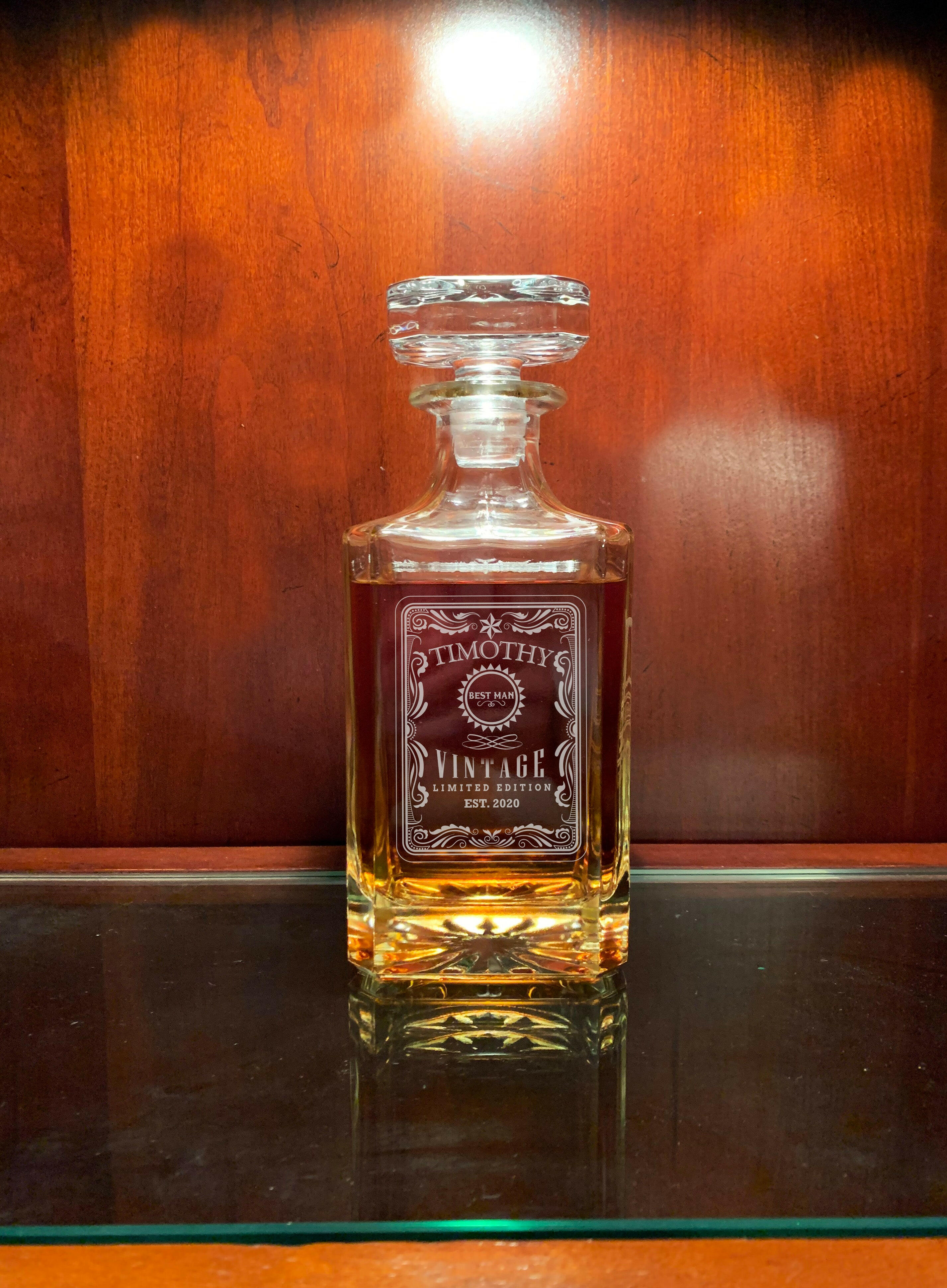 Personalized Square Whiskey Decanter with Glasses.