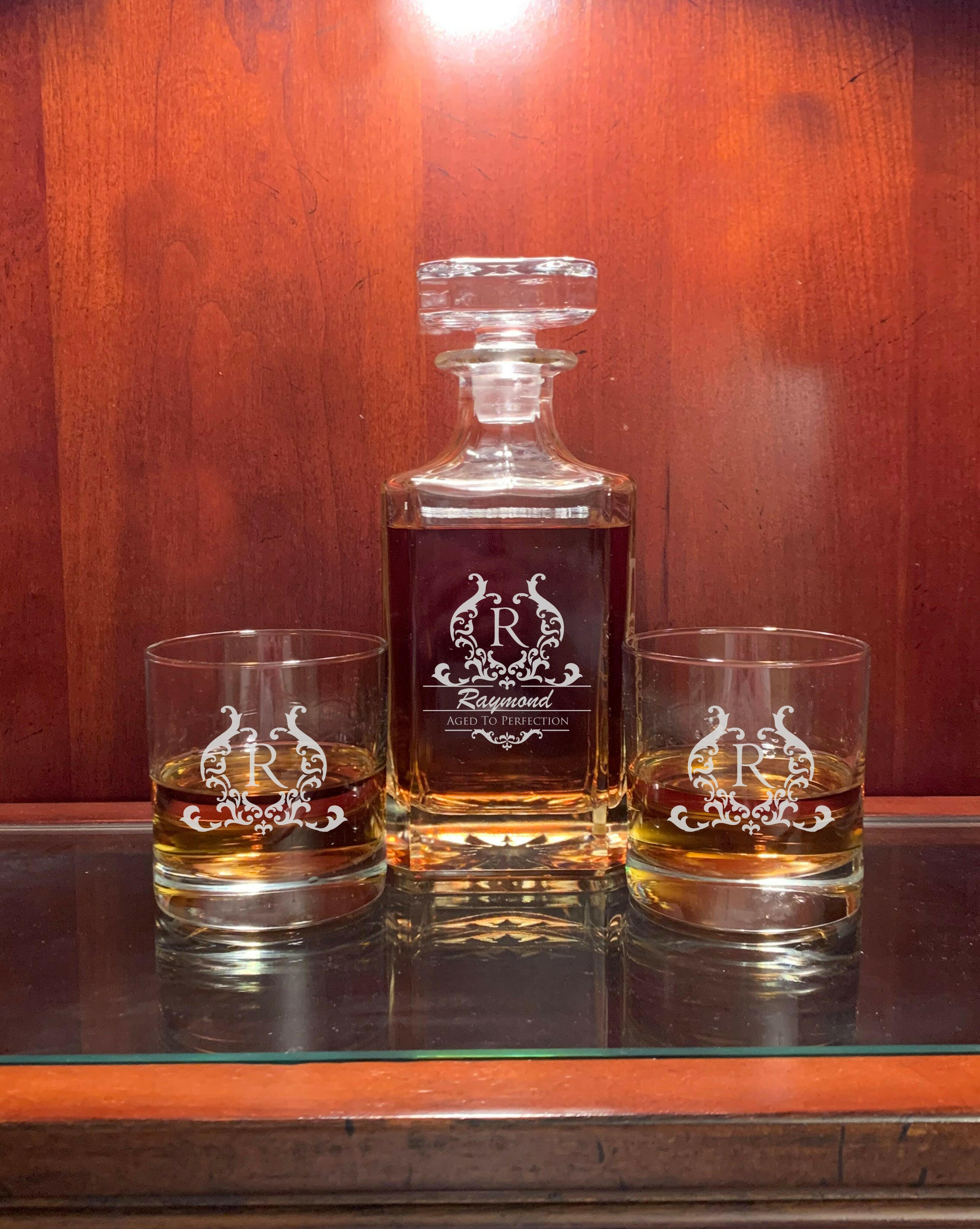 Personalized Square Whiskey Decanter with Glasses.
