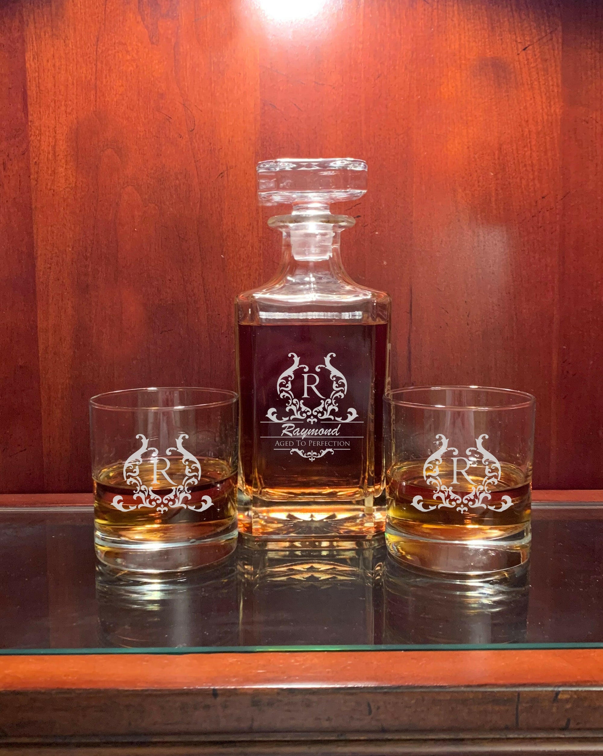 Square Personalized Whiskey Decanter with Tumblers.