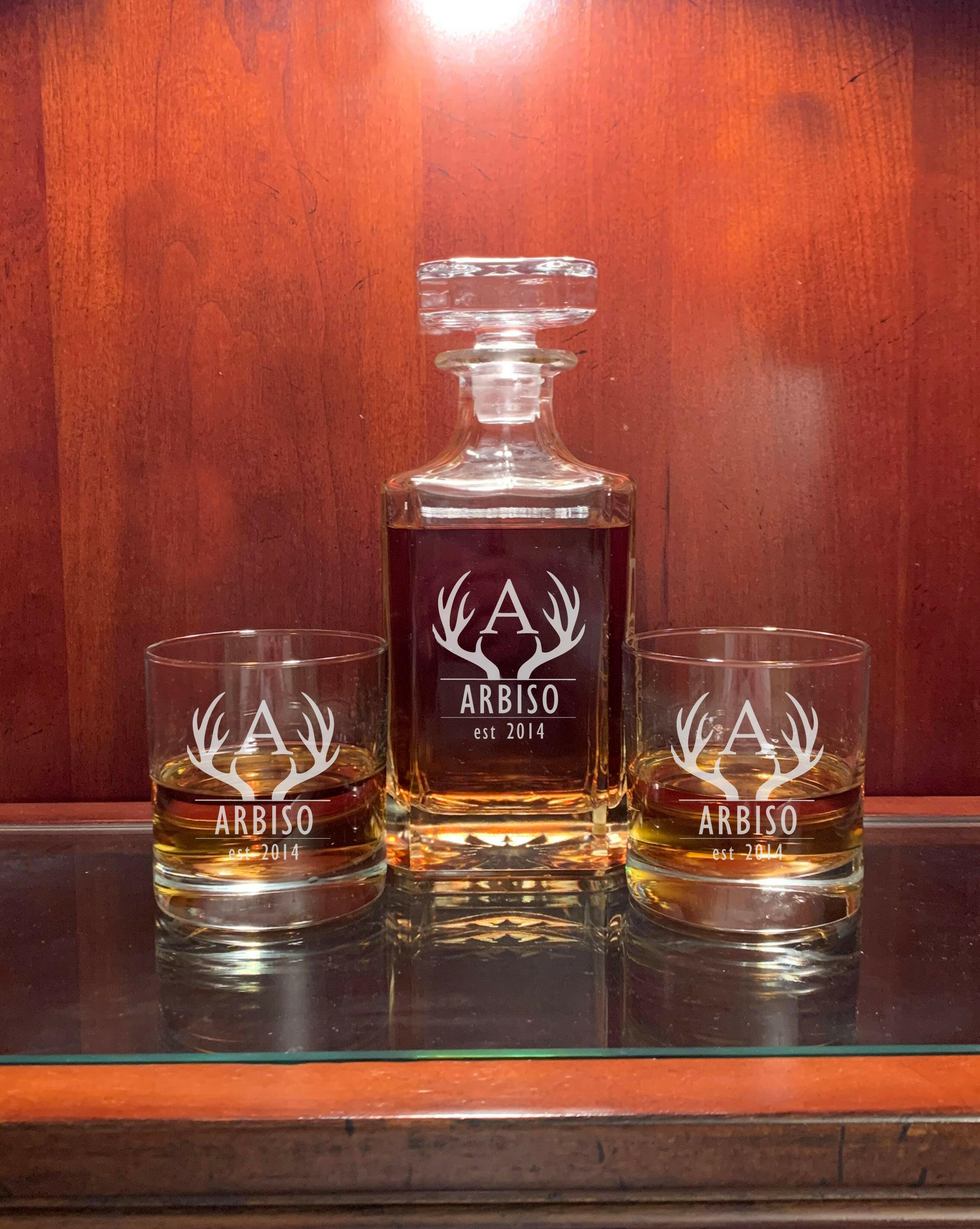 Personalized Square Whiskey Decanter with Glasses.