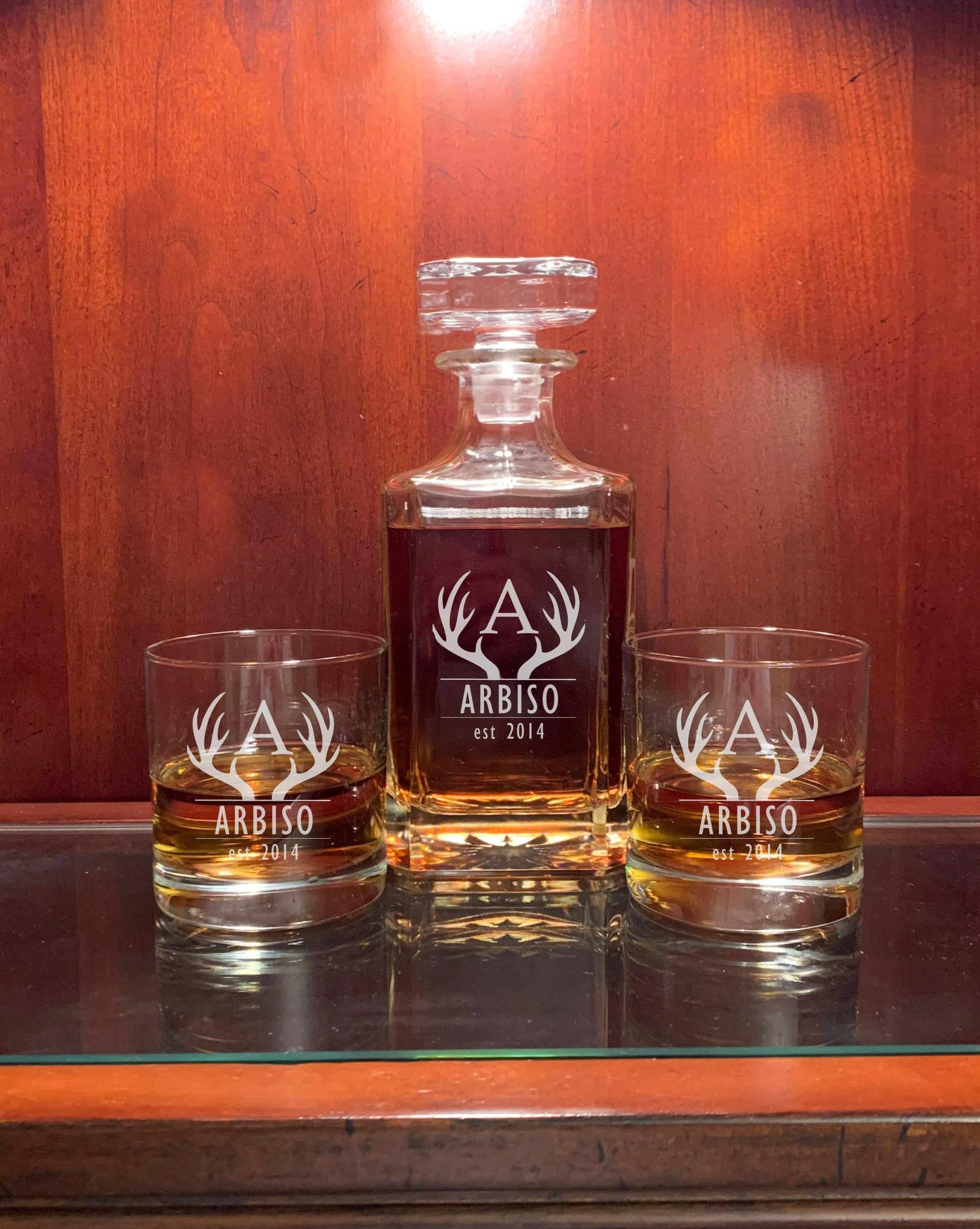 Square Personalized Whiskey Decanter with Tumblers.