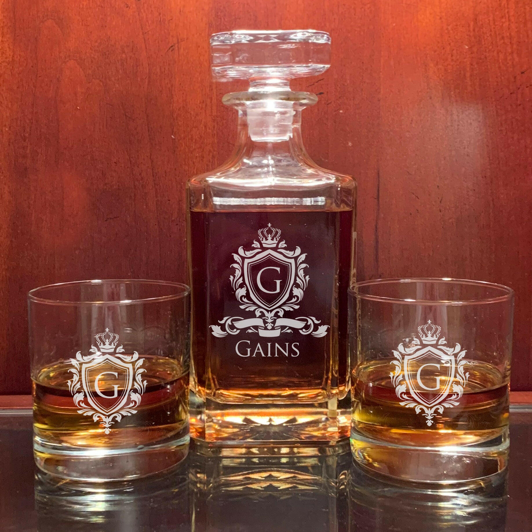 Square Personalized Whiskey Decanter with Tumblers.