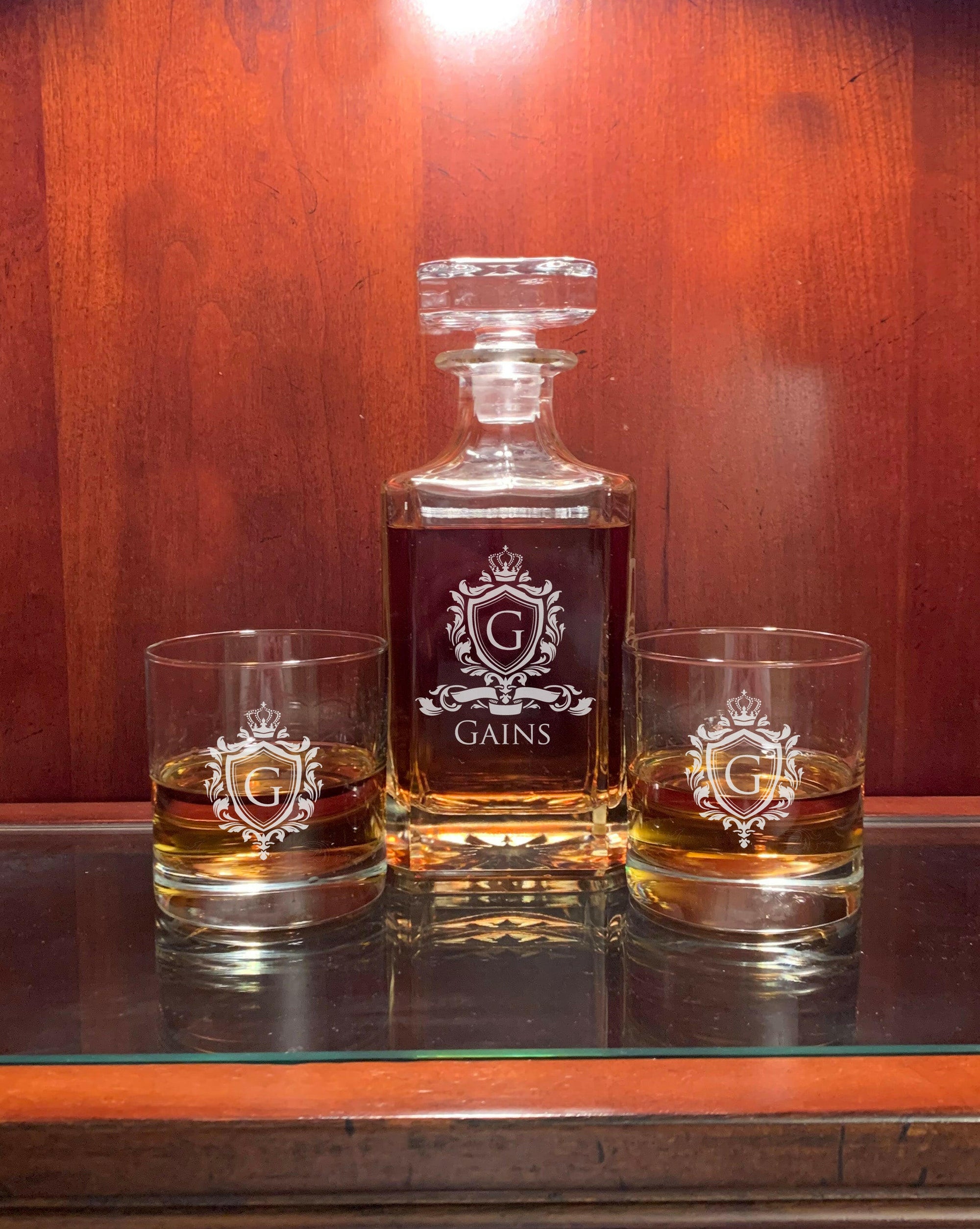 Square Personalized Whiskey Decanter with Tumblers.
