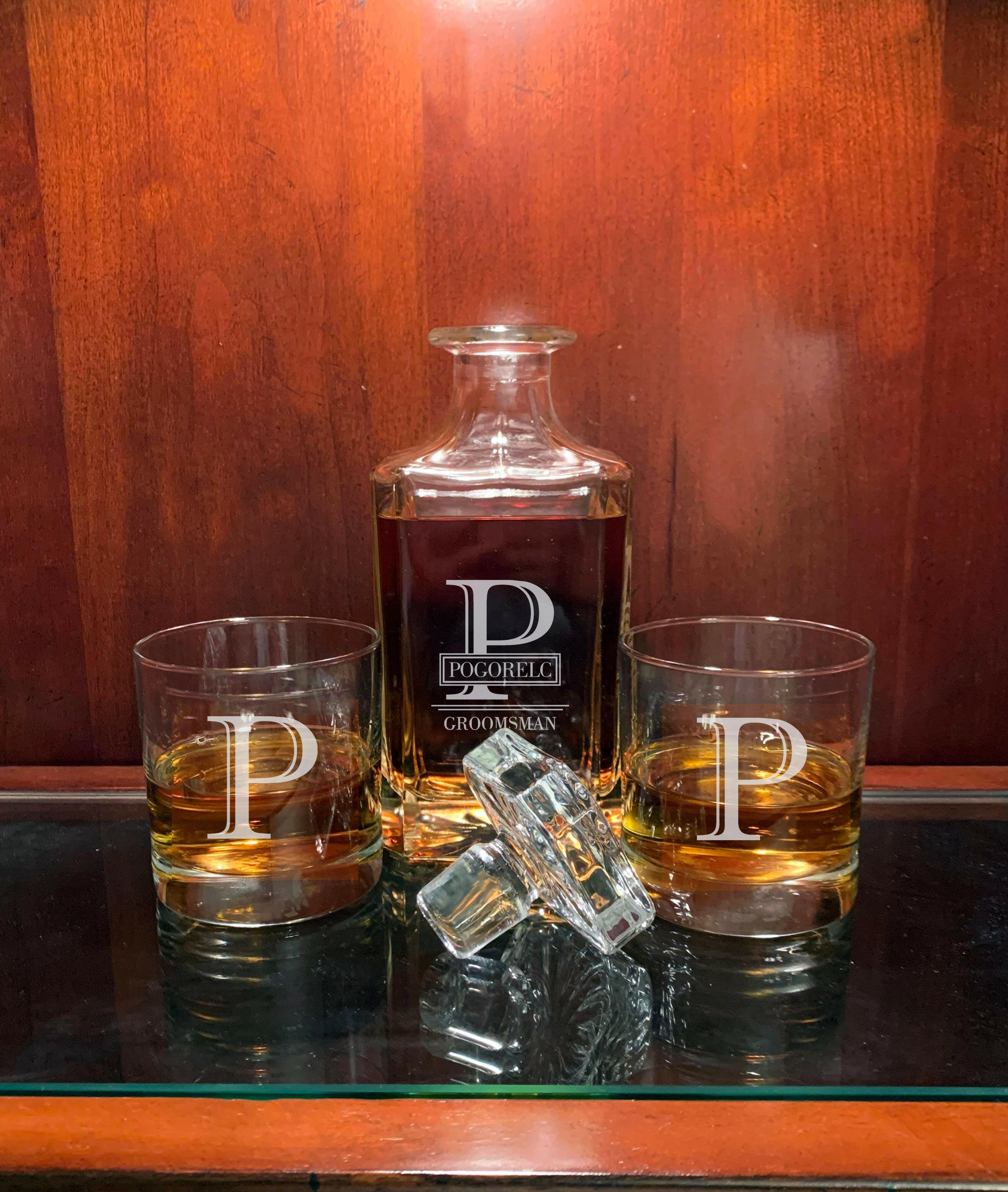 Square Personalized Whiskey Decanter with Tumblers.