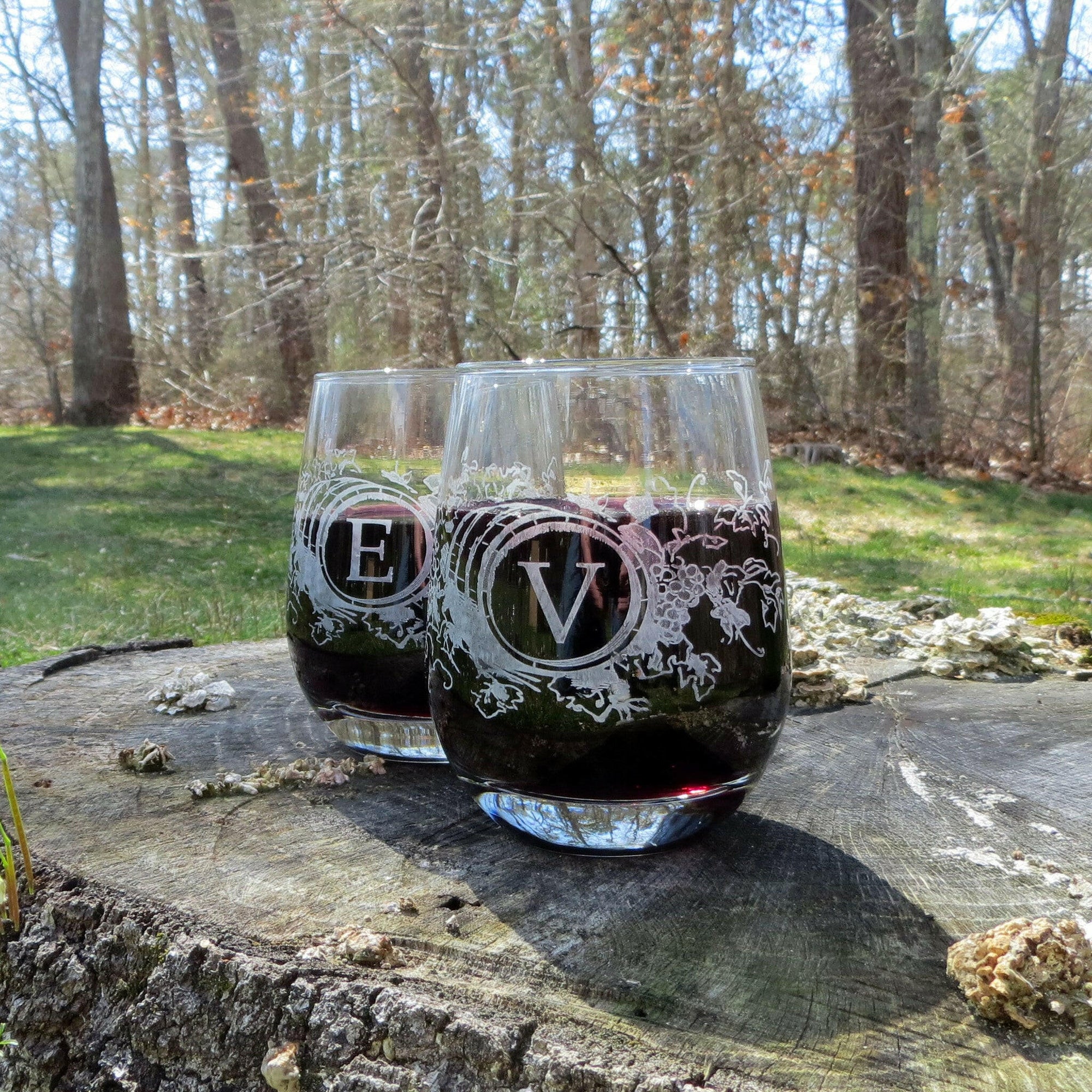 Custom Designed Stemless Wine Glasses.