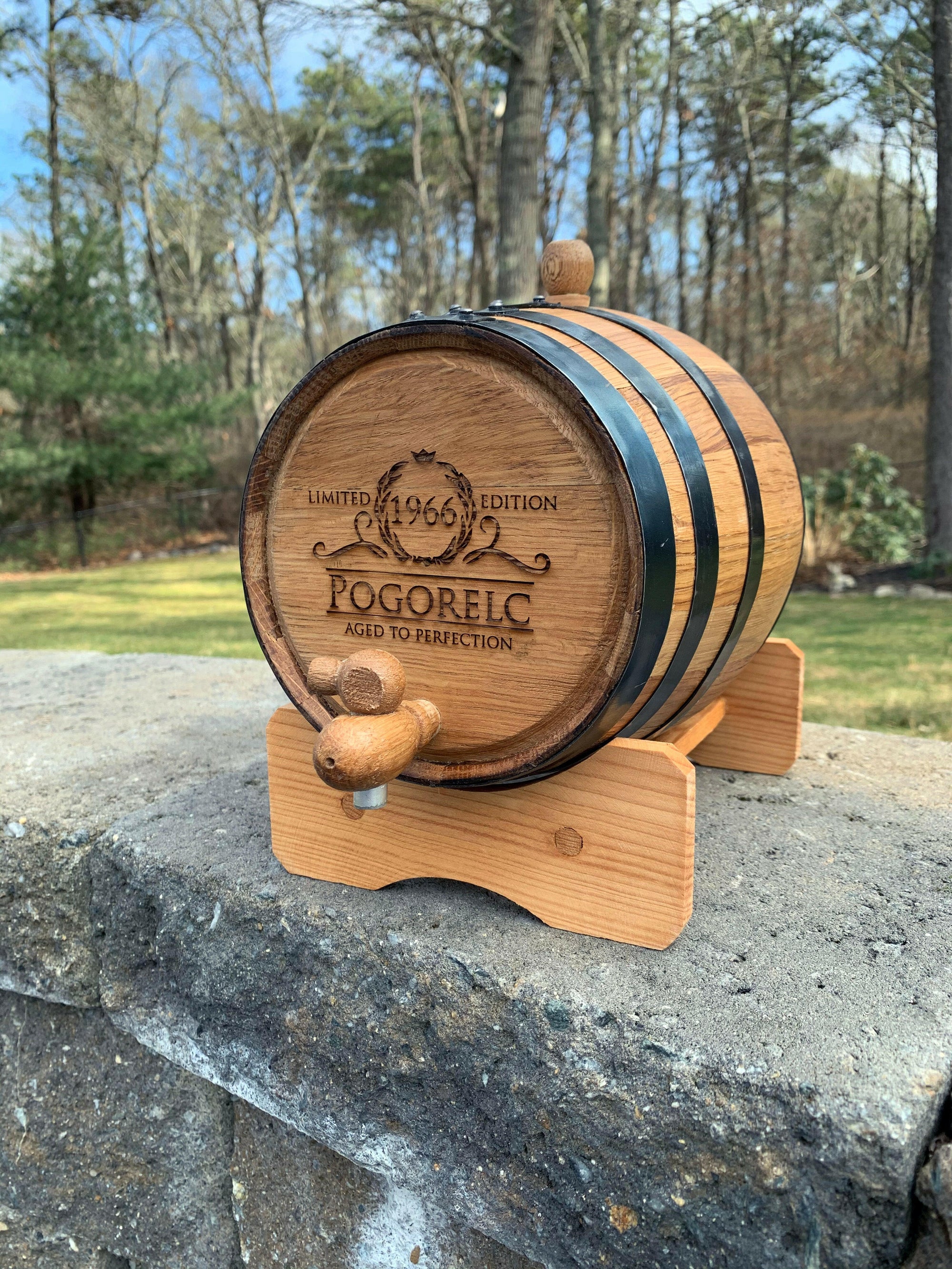 Personalized Oak Whiskey Barrel.